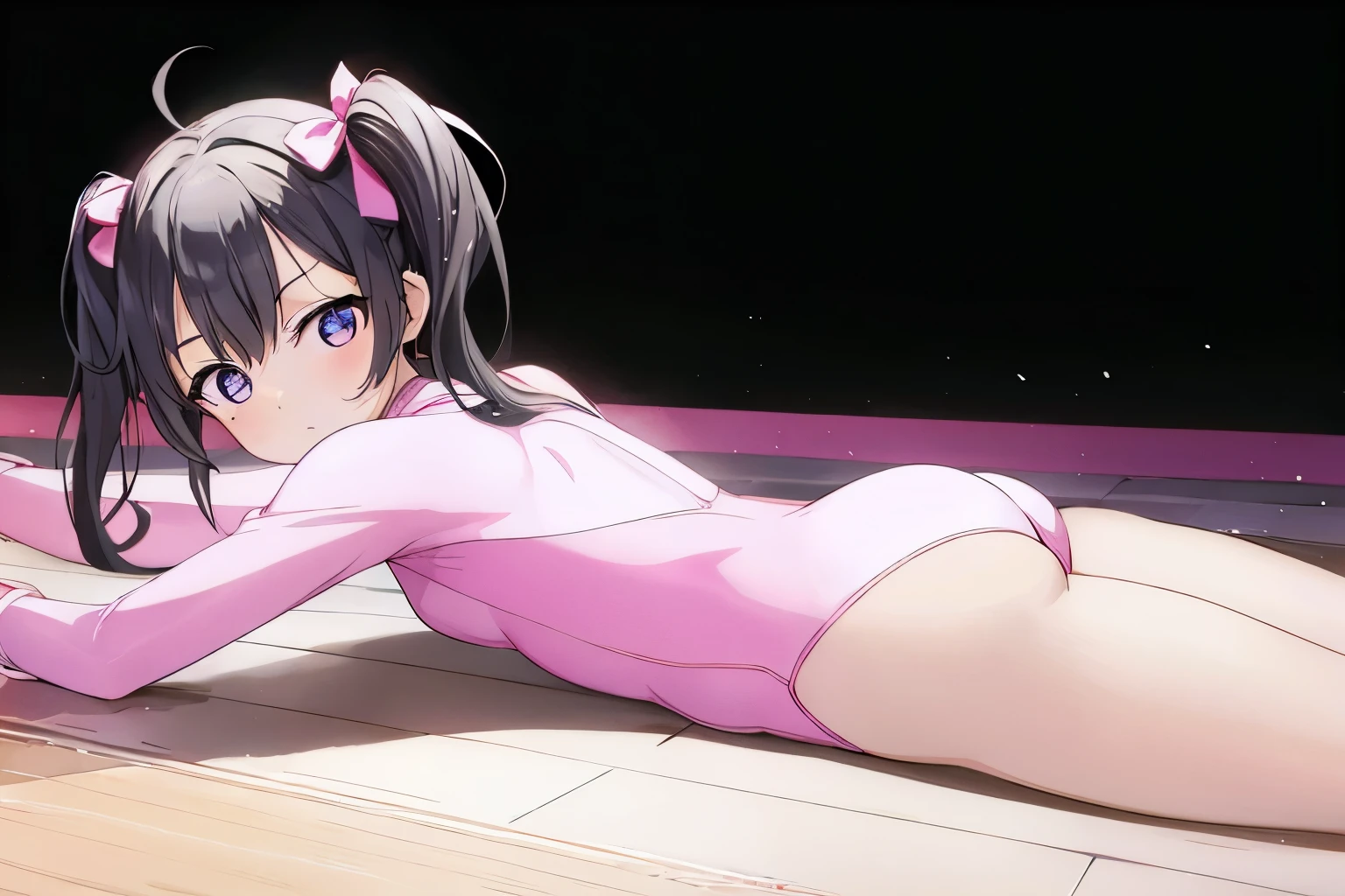 leotard、rhythmic gymnastics、face down、twin tails、black hair