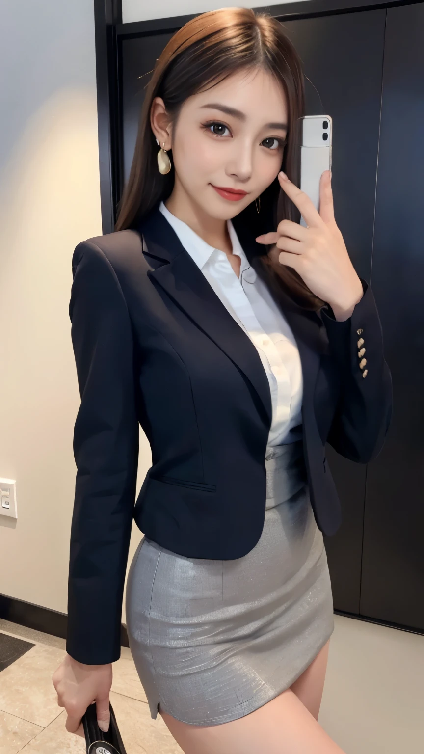 最high quality,super detailed、Realistic、masterpiece, 1 girl, cute face, (photo actual:1.3), edge lighting, (high detail skin:1.2), 8K超High resolution, Single-lens reflex camera, high quality, High resolution, 4k, 8k, Optimal ratio of 4 fingers to 1 thumb, (actual:1.3), cute 1 girl,Japanese beauty in a suit、Wearing a dark blue formal blazer,wear a white shirt inside the jacket、white business shirt、business suit、big breasts, short skirt,nice buddy、bitch gal