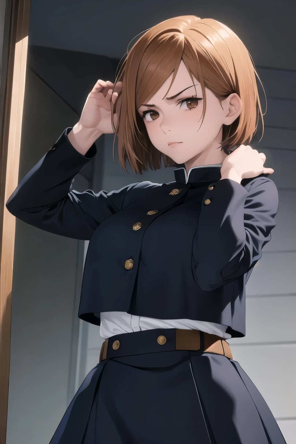 (masterpiece, best quality:1.2), cowboy shot, solo, 1girl, kugisaki nobara, expressionless, closed mouth, looking at viewer, hand in own hair, , black jacket, skirt, pantyhose