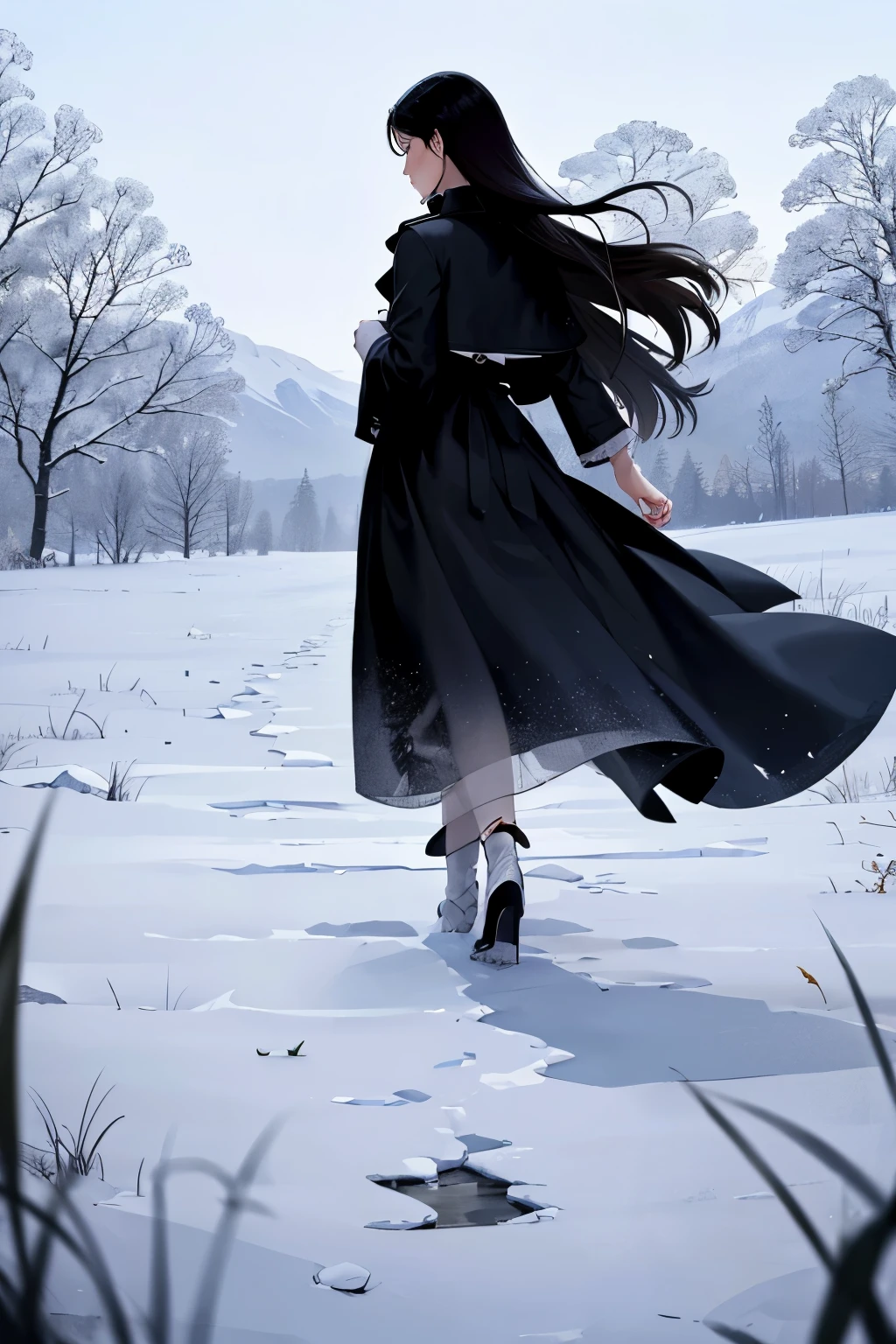 The wilderness of silent night，A mature woman turns her back to the camera。Wearing a long black trench coat，A head of black waist-length wavy hair swaying slightly in the breeze。Cold and elegant，Rich in elite temperament，Not silly and sweet。wilderness is plain，It's white，Covered with knee-high white grass。