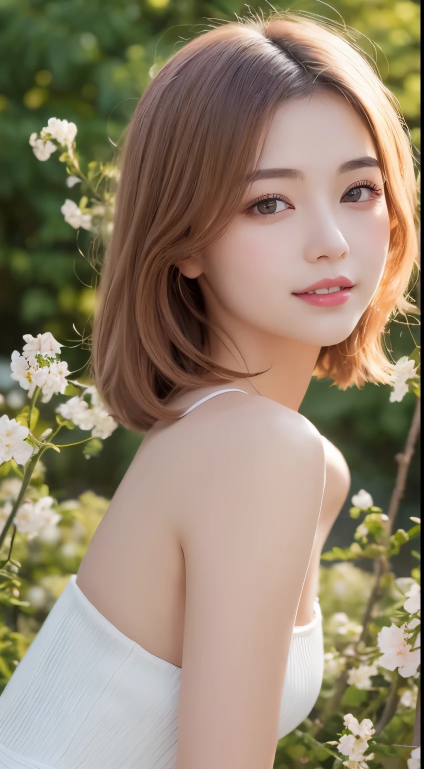 8K,Professional Lighting ,Aerial perspective ,超A high resolution ,(photographrealistic: 1.1) ,Detailed face ,Cute Girl ,plain white bra, cleavage of the breast ,(tits out:1.1) ,florals ,sunny sky ,rays of sunshine,Blooming flowers ,vivid flowers ,A slight smil ,hibiscus ,full body Esbian ,Light shines on the face ,