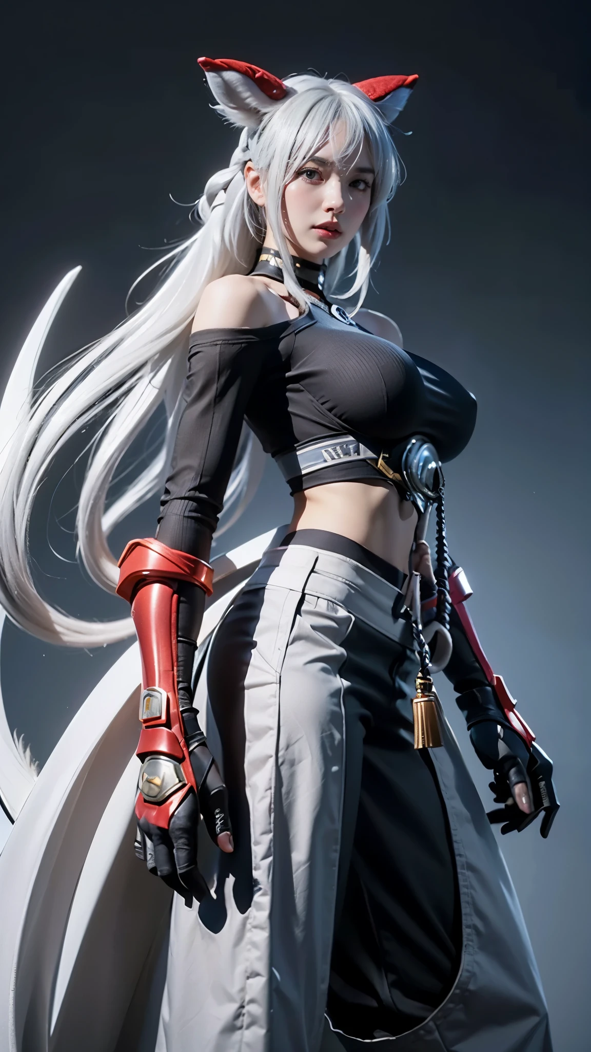 qi_aov_new, 1girl, solo, grey eyes, grey hair, bangs, long hair, hair ornament, breasts, large breasts, looking at viewer, blue eyes, white background, animal ears, bare shoulders, standing, white hair, , pants, black pants, armor, lips, gauntlets, jewelry, braid, toes, anklet, tail, ass, realistic, (masterpiece),((ultra-detailed)), (highly detailed CG illustration),(expressionless), (best quality:1.2)