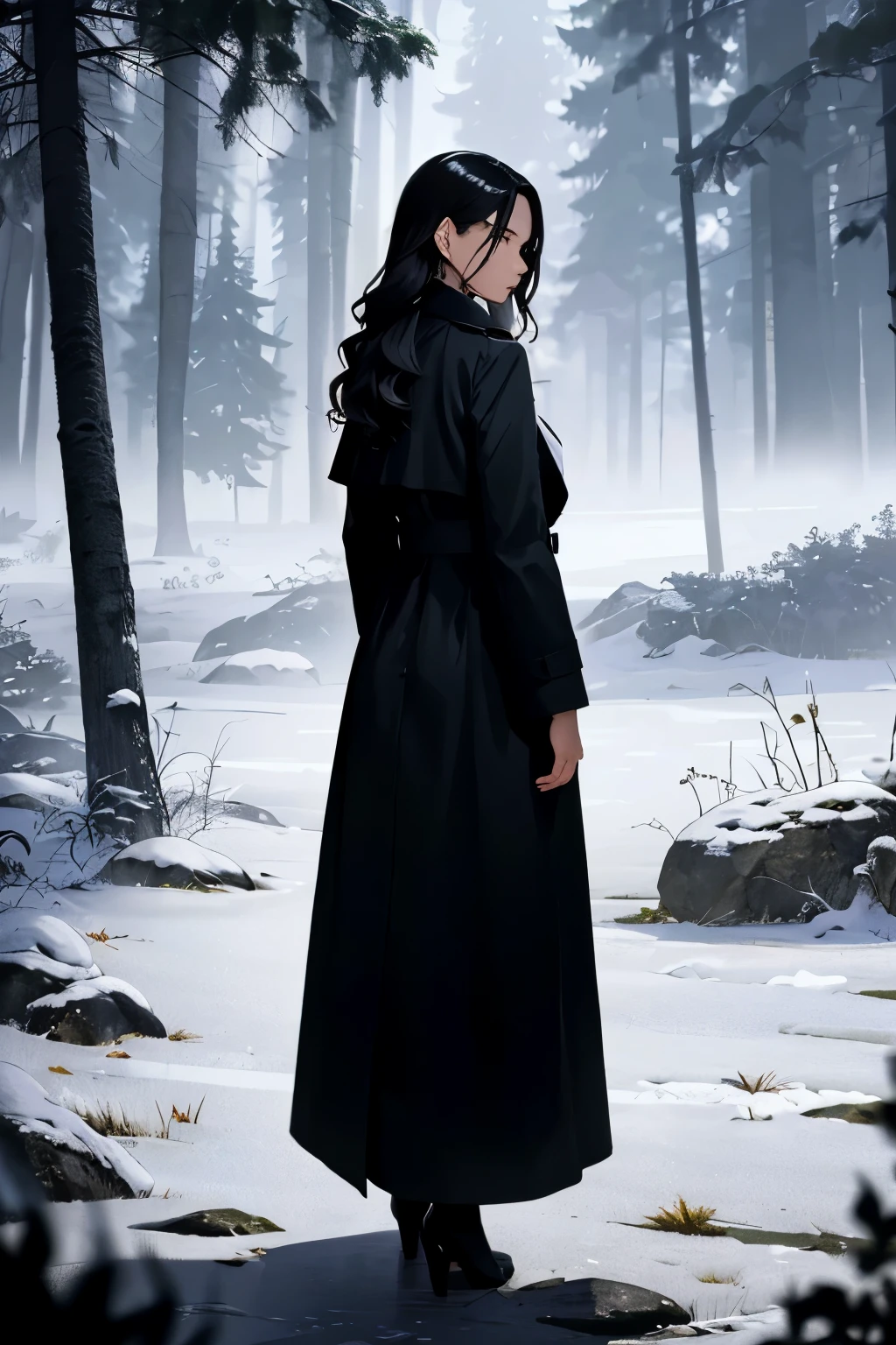 The wilderness of silent night，A mature woman turns her back to the camera。Wearing a long black trench coat，A head of black waist-length wavy hair swaying slightly in the breeze。Cold and elegant，Rich in elite temperament，Not silly and sweet。wilderness is plain，It's white，Covered with knee-high white grass。