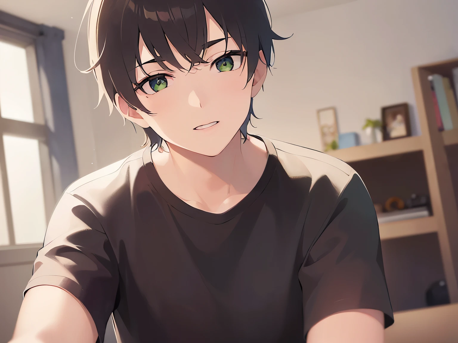 masterpiece、highest quality、(25 year old male:1.5) and (brown short hair) and (green eyes), (plain black t-shirt) and (long sleeve)、serious expression、Are standing、Background is an office room、(Alone:1.5)、Upper body is shown、