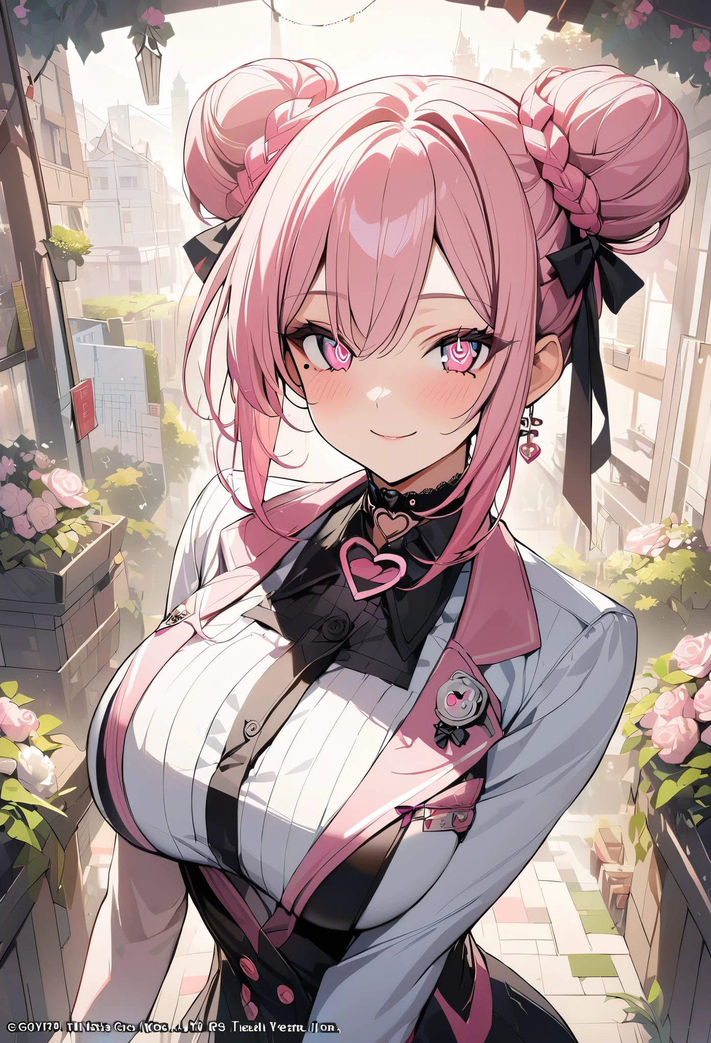 1 girl, pink long bun hair, Symbol-shaped eyes, +_+, big breasts, blazer type uniform, {girl with pink long bun hair named Nami}, (Pink eye color), {downtown}, (smile), bright background , mole under eye, heart shaped choker, (masterpiece, highest quality), very detailed, highest quality, official art, beautiful and aesthetic: 1.2), (1 girl), very detailed, (geometry art: 1.3), colorful, most detailed ?d1 girl, pink long bun hair, Eye of the symbol, +__+, big breasts, gothic costume, {A girl with long pink bun hair named Nami}, (Pink eye color), {downtown}, (smile), bright background, (garden,beautiful flowers々),mole under eye, heart shaped choker, (masterpiece, highest quality), official art, beautiful and aesthetic: 1.2), (1 girl), very detailed, (geometry art: 1.3), colorful