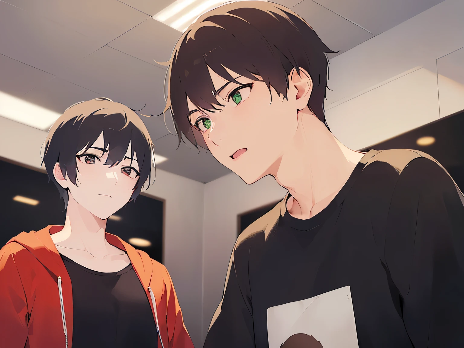 masterpiece、highest quality、(25 year old male:1.5) and (brown short hair) and (green eyes), (plain black t-shirt) and (long sleeve)、serious expression、Are standing、Background is an office room、(Alone:1.5)、Upper body is shown、