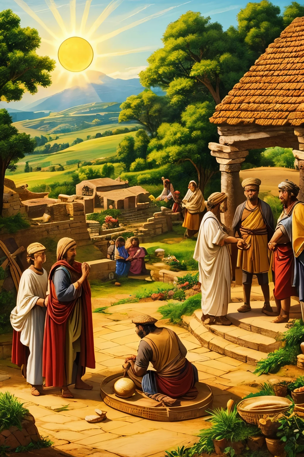 Create an uplifting illustration celebrating the harmonious coexistence of spirituality and daily life in the world of Mithraeum and the Iron Age. Depict a vibrant scene where villagers from an Iron Age community gather in a peaceful marketplace, exchanging goods and stories under the watchful gaze of a nearby Mithraic temple. In the background, a serene countryside landscape showcases farmers working in harmony with nature, while the sun, symbolizing the divine presence of Mithras, bathes the scene in warm light. Amidst this idyllic setting, showcase moments of camaraderie, creativity, and reverence for both earthly and spiritual pursuits, illustrating the richness and depth of life in this ancient world.