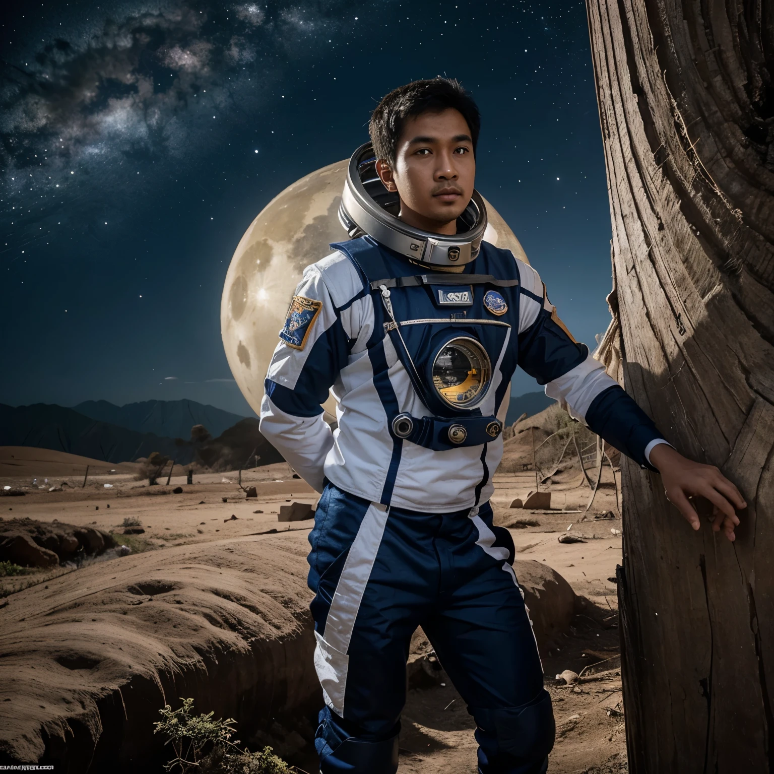 seorang astronot diluar angkasa melihat pemandangan dibumiberupa hutan,anak bermain,dan hewan hewan