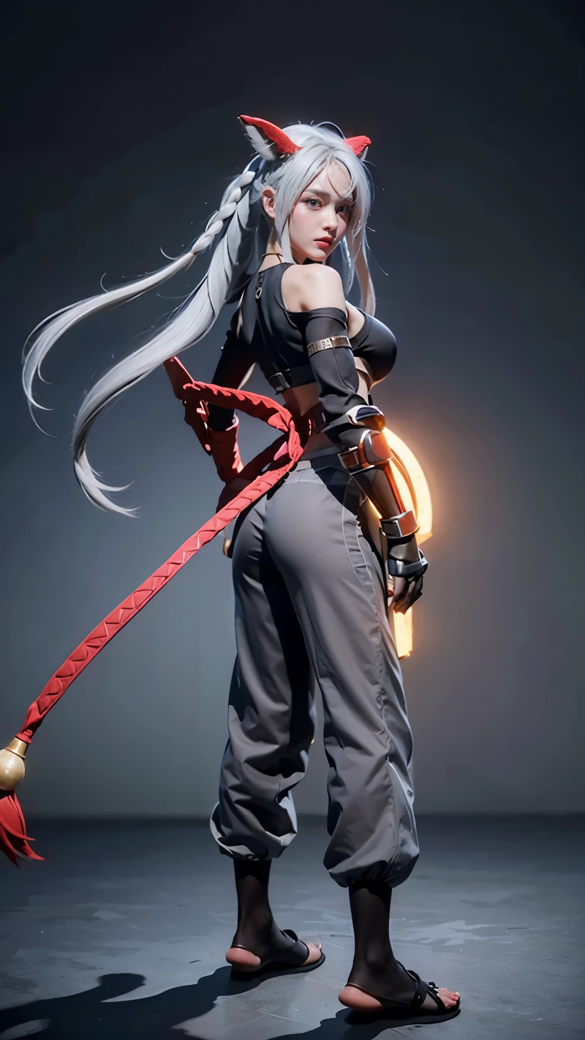 qi_aov_new, 1girl, solo, grey eyes, grey hair, bangs, long hair, hair ornament, breasts, large breasts, looking at viewer, blue eyes, white background, animal ears, bare shoulders, standing, white hair, , pants, black pants, armor, lips, gauntlets, jewelry, braid, toes, anklet, tail, ass, realistic, (masterpiece),((ultra-detailed)), (highly detailed CG illustration),(expressionless), (best quality:1.2)