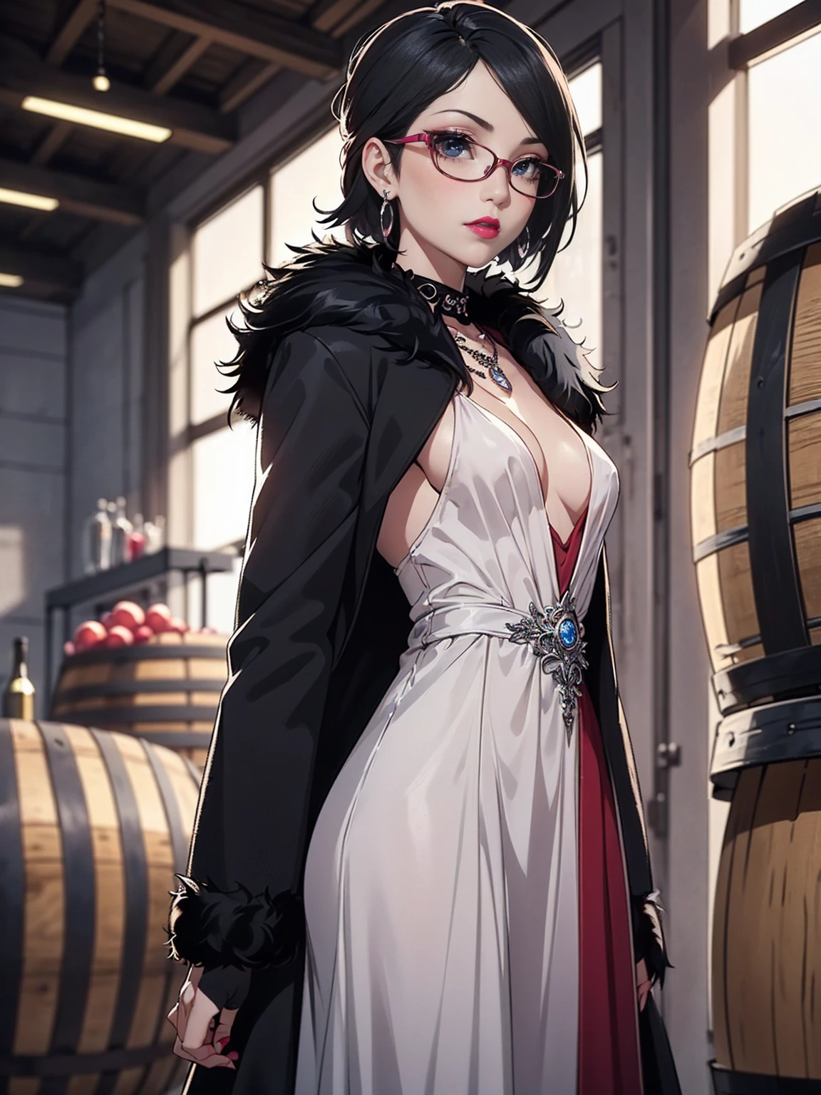 (1girl, solo, alone), (WakatsukiRisa, Sarada Uchiha, short hair, black hair black eyes, red glasses), ((solo, (1woman, pink lipstick, (small breasts)), Extremely detailed, ambient soft lighting, 4k, perfect eyes, a perfect face, perfect lighting, a 1girl)), austere, (anime style image, (masterpiece), best quality, expressive eyes, perfect face, cleavage, ((long gray and red dress, red and grey royal dress:1.3, ((royal reg and gray dress, long dress, extravagant long dress)), sexy dress)), (((black fur coat:1.4), (ornate dress))), bracelet, winery,wine barrels backgroudn, standing on a barrel, sexy pose, looking at viewer)), eyeshadows, eye liner,glistening eyes, hyper detailed eyes, intricate eyes, beautiful eye, gloves, leather gloves, silver bracelets, amethyst necklace, hoop earrings)