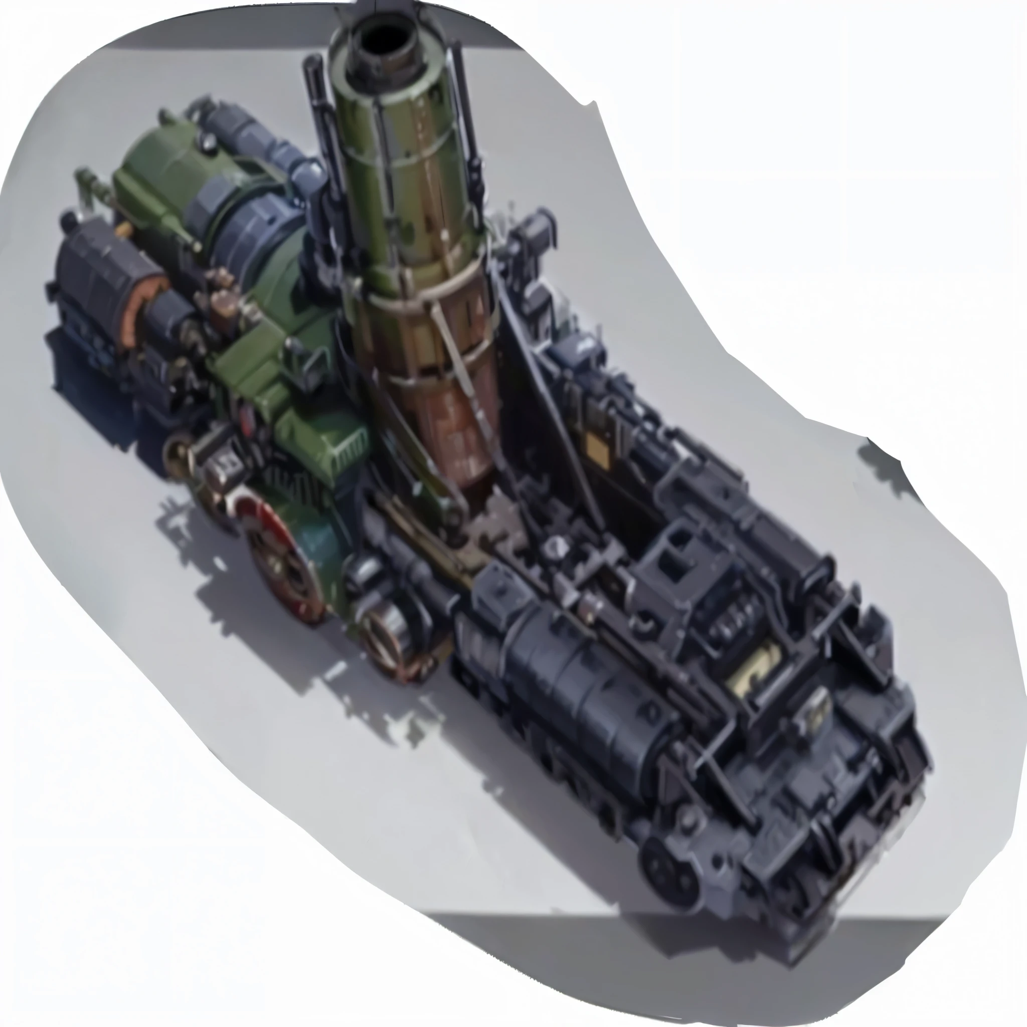 There is a model of a train engine，There are a lot of pipes, industrial human spaceship, Detailed crashed spaceship, Solar Punk Hover Car, prominent keel-mounted railgun, Rocket League, detailed spaceship, Military aircraft carrier equipment, solarpunk spaceship, Huge cannon mounted on the back, re engine render, Dieselpunk setting, sci-fi futuristic vehicle, Large