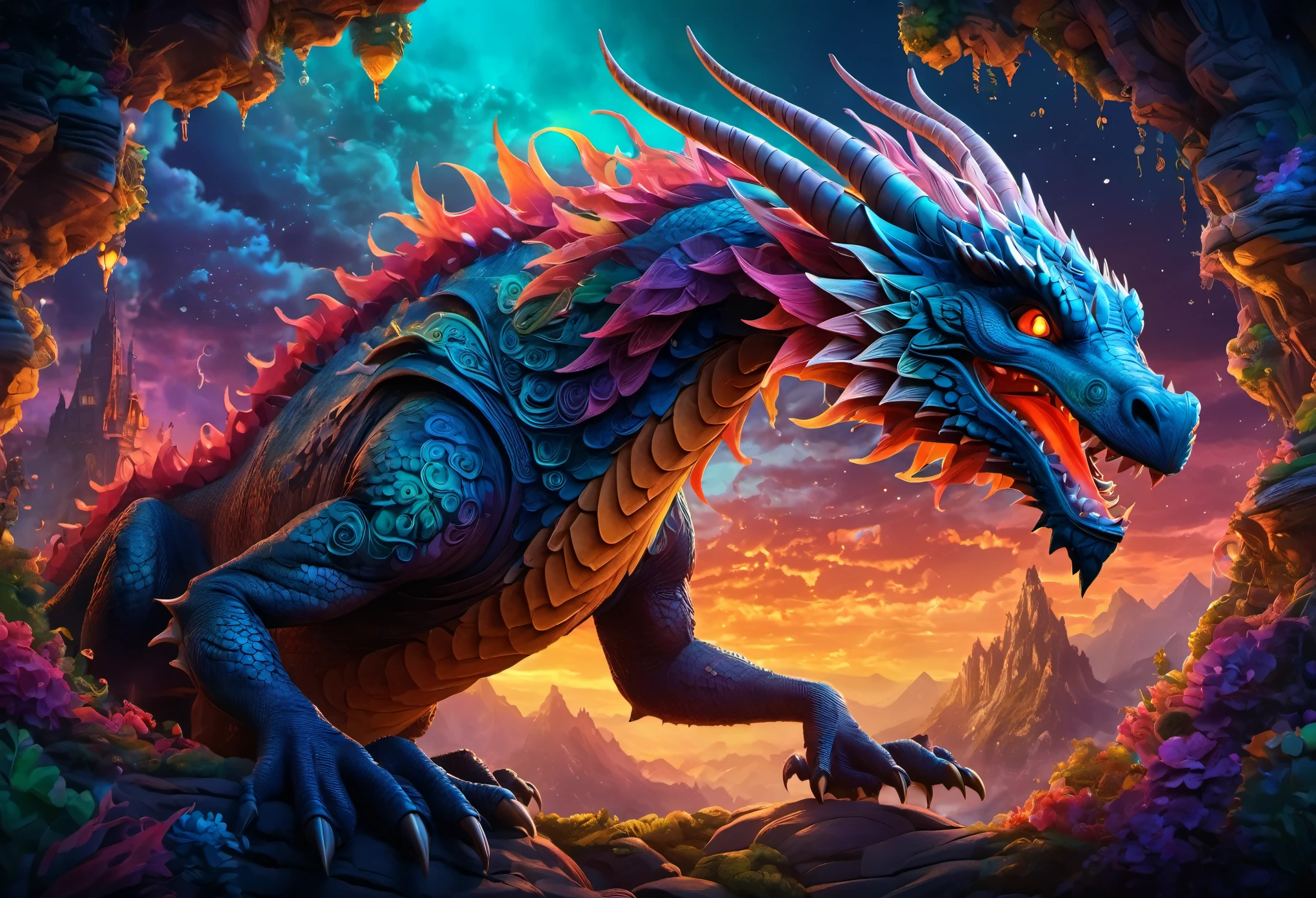 (highest quality, High resolution, super sharp), magic ,giant dragon,、air, tangled, full color, 3D crunch,colorful cloudasterpiece、highest quality、Mysterious、The artwork has a cinematic feel, Emotional, and great atmosphere. Colors represent a bright and vibrant palette, And the lighting creates a dramatic effect..., cast shadows and illuminate the surroundings.、 Scenes are rendered with intricate Zentangle details