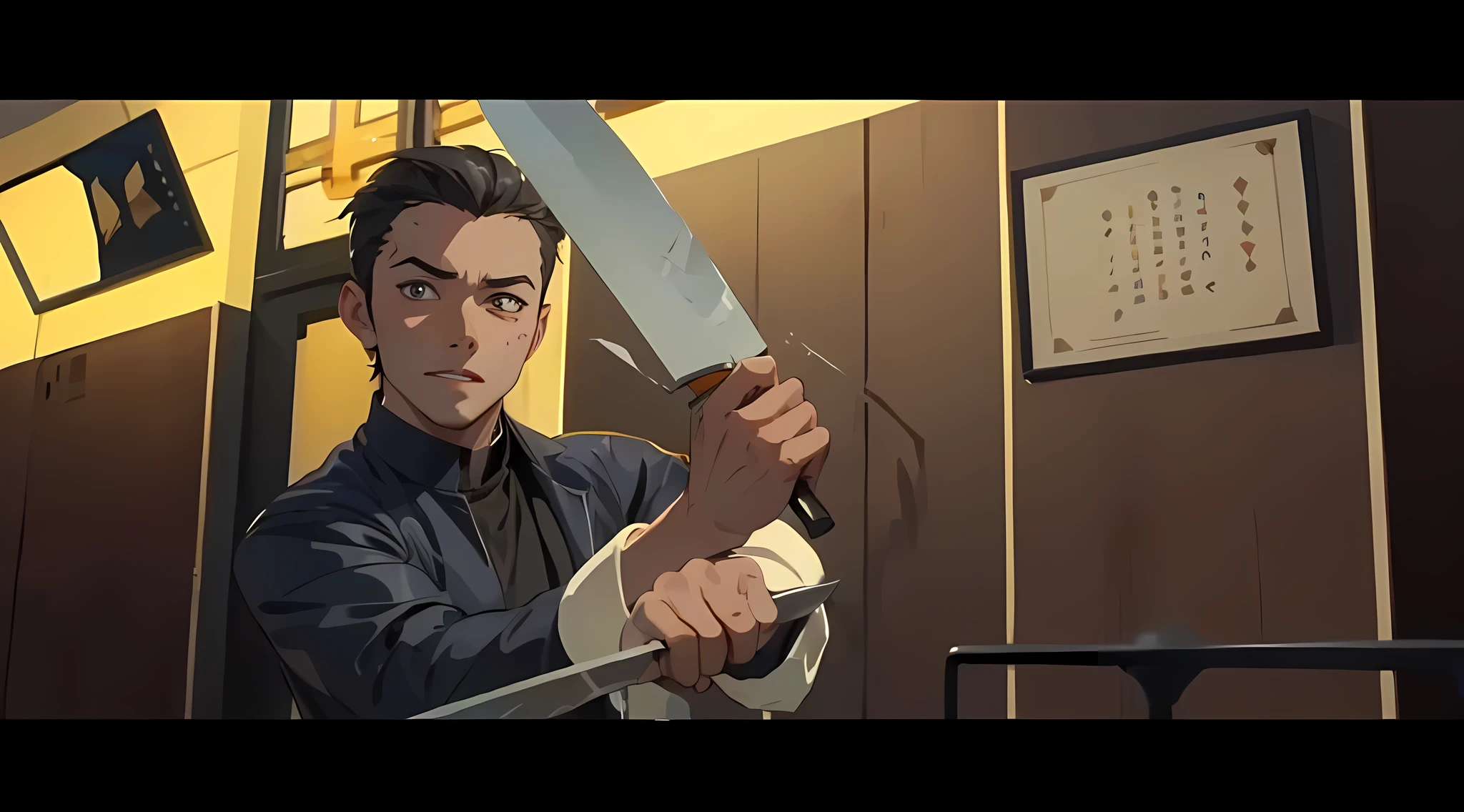 Best quality, very detailed, background matches the picture, anime boy, holding a knife, anime face, handsome