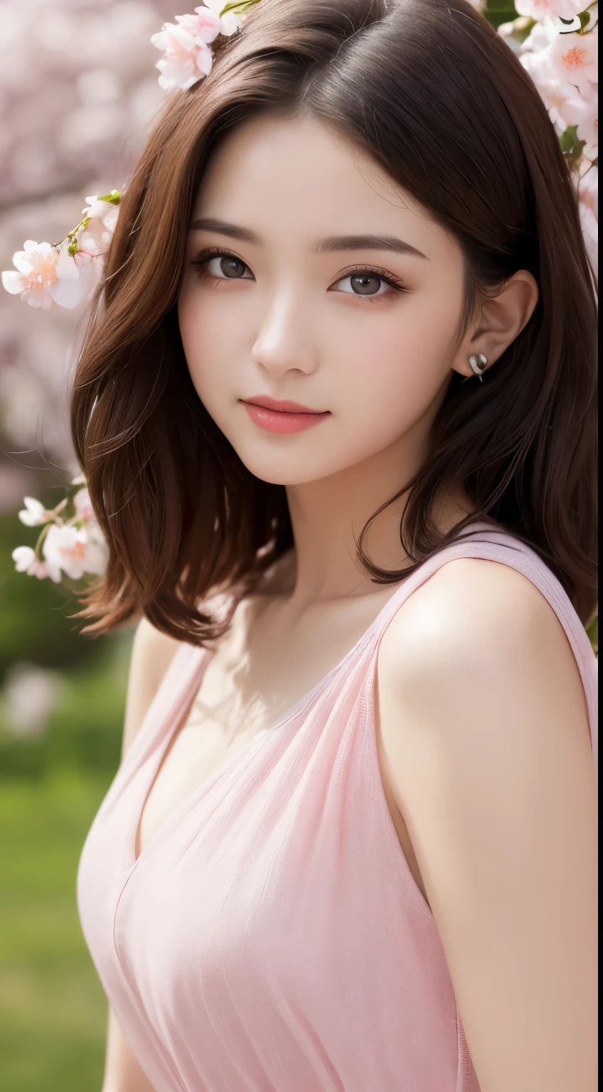table top, highest quality, figure, Super detailed, finely, High resolution, 8k wallpaper, 完璧なダイナミックな構figure, detailed and beautiful eyes, pink dress,medium hair, natural color lip,gentle smile,big city、20 year old girl、midnight、beautiful and detailed face、perfect and beautiful face、slim face and style,Big eyes、small face、cherry blossoms on background、Rapeseed flowers at the bottom of the background