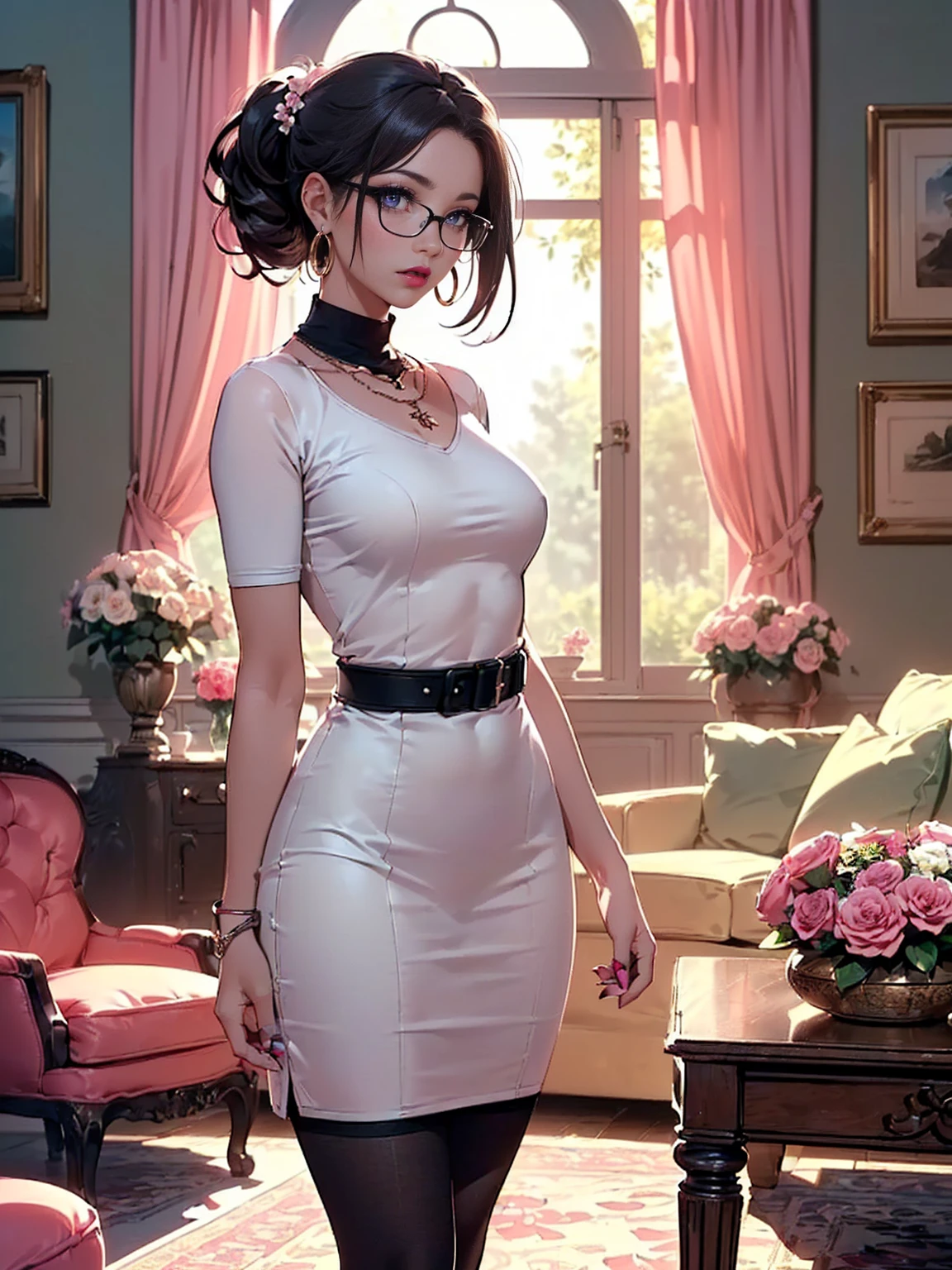 ((1woman, solo, alone, woman, (retro high pony), brown hair, black eyes, prescription glasses, pink lipstick, wrist watch, wedding ring, hoop earrings, pendant necklace, (white dress, sheath derss , black belt, black tights), imposing, stately), ((solo, (1woman, pink lipstick, seen from the front), Extremely detailed, ambient soft lighting, 4k, perfect eyes, a perfect face, perfect lighting, a 1girl)), ((standing, living room, decorated room, large jalena, flower garden, tree-lined garden))