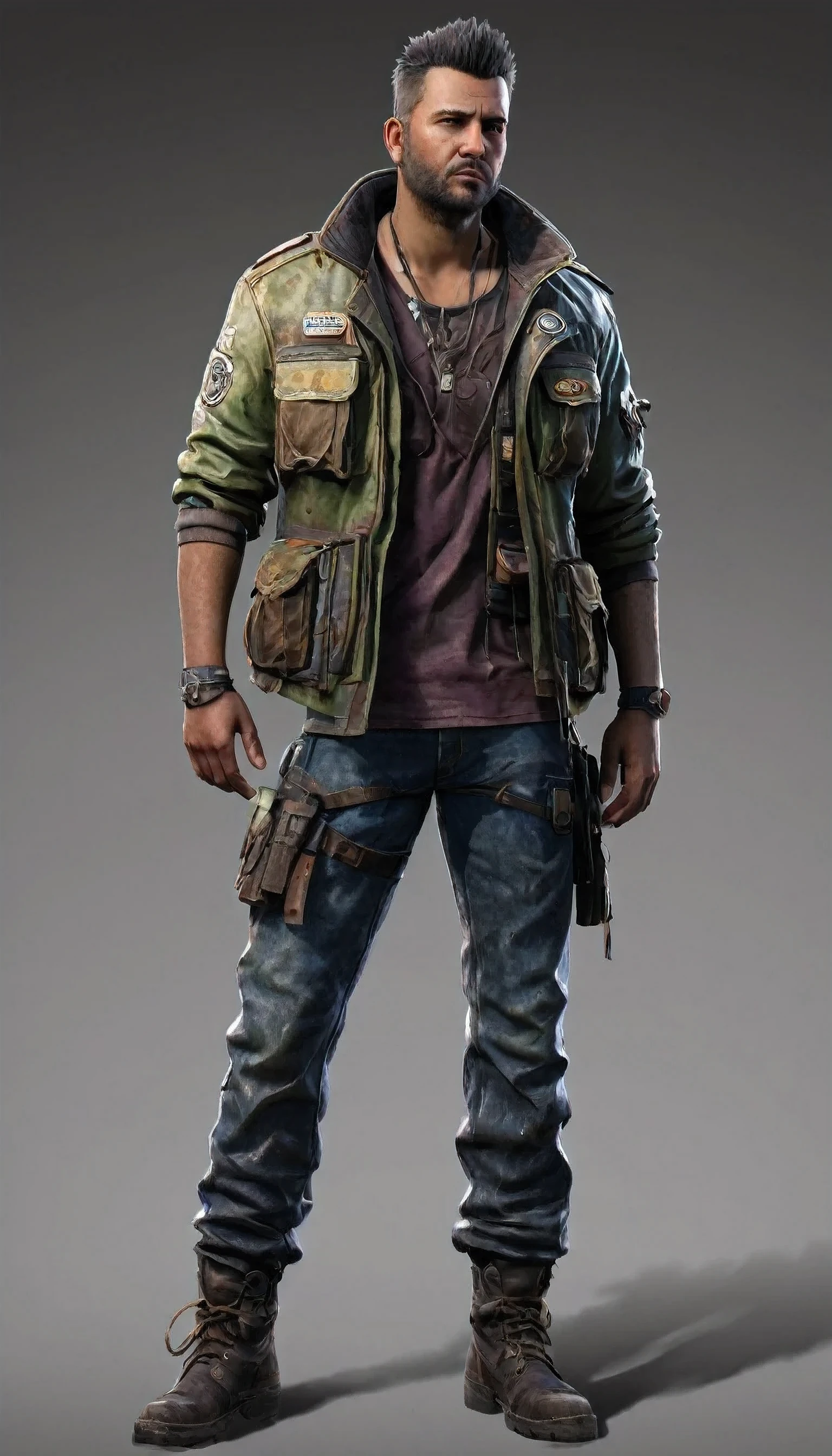 :: ((masterpiece)) :: wide:80 mm :: (((Best quality))),(character design sheet, same character, front, Side, back) :: portrait in profile, fantasy, ((Сочетание атмосферы Far Cry:a new dawn)), The atmosphere of the apocalypse:: man, wilderness survival :: seemingly laconic :: preparing the pose, pose Composition, head looks up :: (wearing an old jacket, Cargo jeans) :: background: regenerating heathland with growing flora :: hand drawn, dark, sandy, realistic sketch, sketch, mix of bold dark lines and loose lines, thick lines, on paper, turn character sheet:: Background in the form of shimmering cold flowers :: (outline style:1.1), (Reflected light:1.2), (Cell shading:1.2), use of large lines, difficult, (Anxious:1.1) ::
