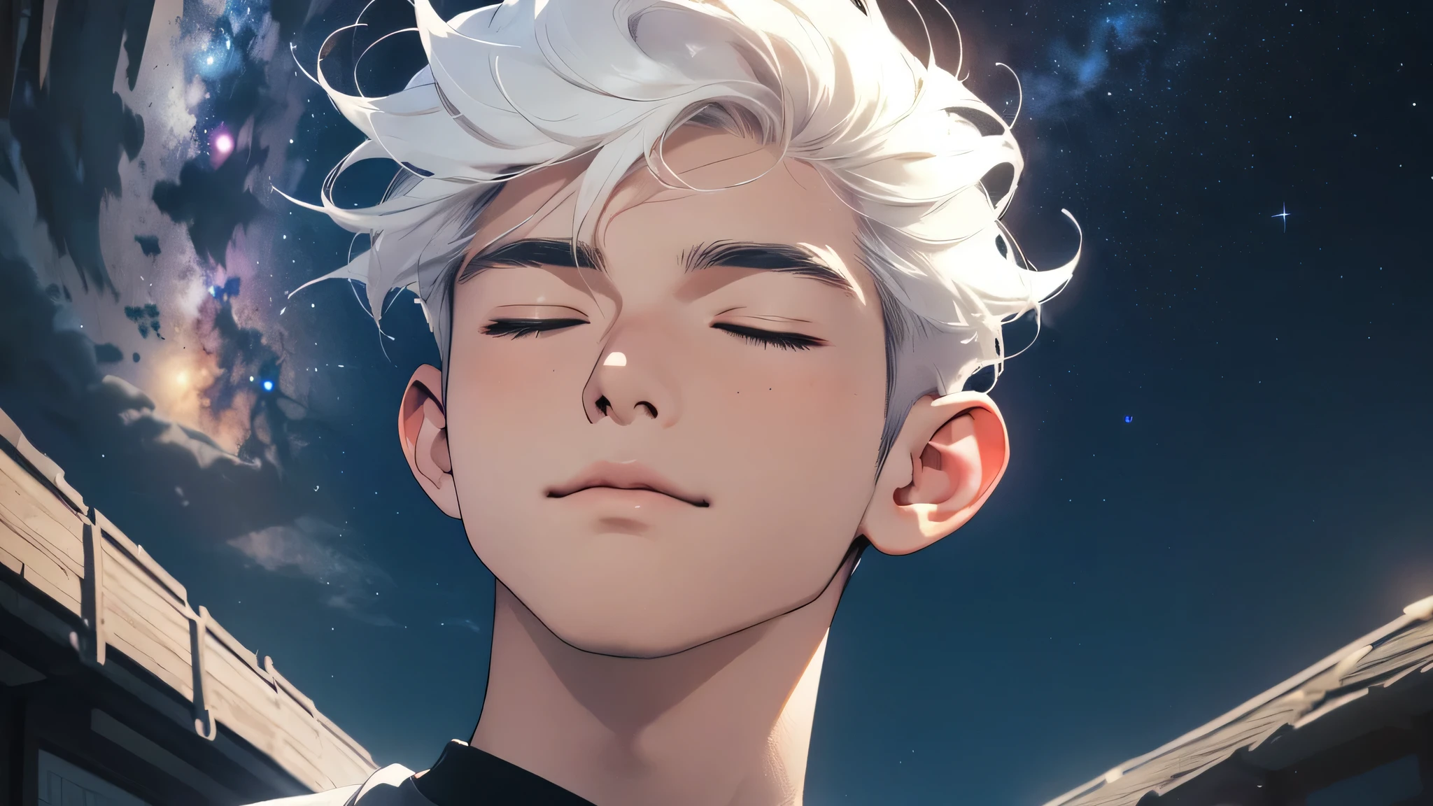 20 years old sexy boy,Looking up,closed eyes,short white color hair,small smile,night sky background,absurdres,masterpiece,highres,intricately detailed,black t-shirts,detailed face,global illumination, anime