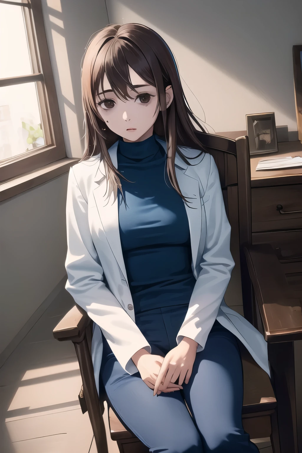 (masterpiece, best quality:1.2), solo, 1girl, ieiricurrent, mole, expressionless, looking at viewer, sitting, chair, long hair, labcoat, blue sweater, turtleneck, blue pants, indoors