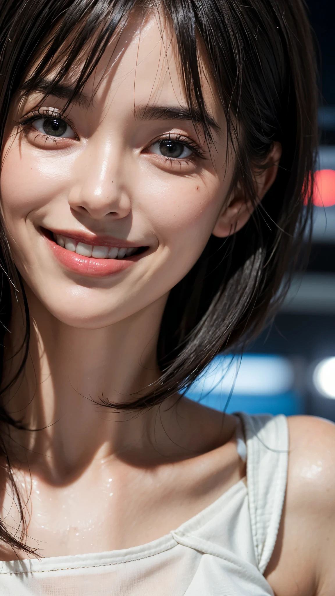 cute 26 year old,1 girl,slim face ,8K,Super realistic image quality,dynamic shadow,sparkling eyes,Clear black eyes,movie theater lighting,dark back alley,night,Darkness of the city,business suit, ((face close up:1.5)),((A smile showing white teeth)),((Smile happily with your mouth open)),((short hair)),((very short bangs)),close, 8K, Raw photo, highest quality, masterpiece,realistic, photo-realistic,