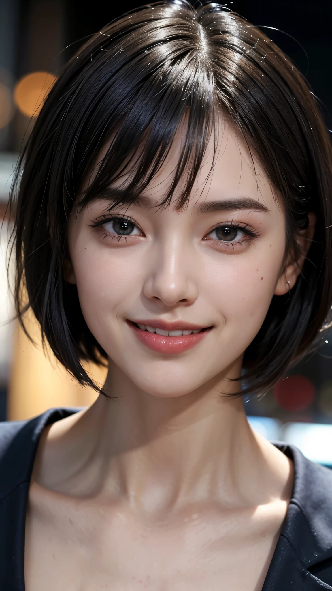 cute 26 year old,1 girl,slim face ,8K,Super realistic image quality,dynamic shadow,sparkling eyes,Clear black eyes,movie theater lighting,dark back alley,night,Darkness of the city,business suit, ((face close up:1.5)),((A smile showing white teeth)),((Smile happily with your mouth open)),((short hair)),((very short bangs)),close, 8K, Raw photo, highest quality, masterpiece,realistic, photo-realistic,