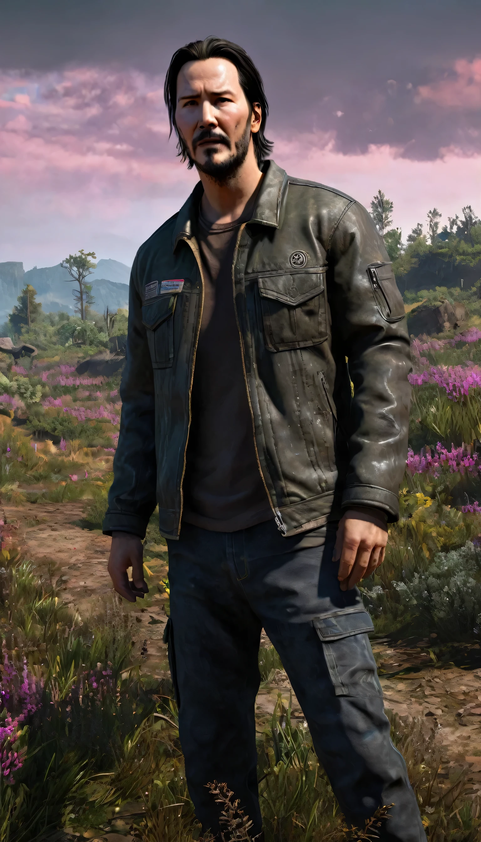 :: ((masterpiece)) :: wide:80 mm :: (((Best quality))),(character design sheet, same character, front, Side, back) :: portrait in profile, fantasy, ((Сочетание атмосферы Far Cry:a new dawn)), The atmosphere of the apocalypse:: man, combination of faces of Keanu Reeves and David Beckham, wilderness survival :: seemingly laconic :: preparing the pose, pose Composition, head looks up :: (wearing an old jacket, Cargo jeans) :: background: regenerating heathland with growing flora :: hand drawn, dark, sandy, realistic sketch, sketch, mix of bold dark lines and loose lines, thick lines, on paper, turn character sheet:: Background in the form of shimmering cold flowers :: (outline style:1.1), (Reflected light:1.2), (Cell shading:1.2), use of large lines, difficult, (Anxious:1.1) ::