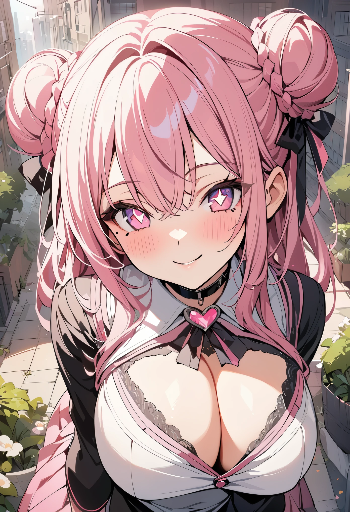 1 girl, pink long bun hair, Symbol-shaped eyes, +_+, big breasts, brother type uniform, {girl with pink long bun hair named Nami}, (Pink eye color), {downtown}, (smile), bright background , mole under eye, heart shaped choker, (masterpiece, highest quality), very detailed, highest quality, official art, beautiful and aesthetic: 1.2), (1 girl), very detailed, (geometry art: 1.3), colorful, most detailed ?d1 girl, pink long bun hair, Eye of the symbol, +__+, big breasts, gothic costume, {A girl with long pink bun hair named Nami}, (Pink eye color), {downtown}, (smile), bright background, （garden,beautiful flowers々）,mole under eye, heart shaped choker, (masterpiece, highest quality), official art, beautiful and aesthetic: 1.2), (1 girl), very detailed, (geometry art: 1.3), colorful