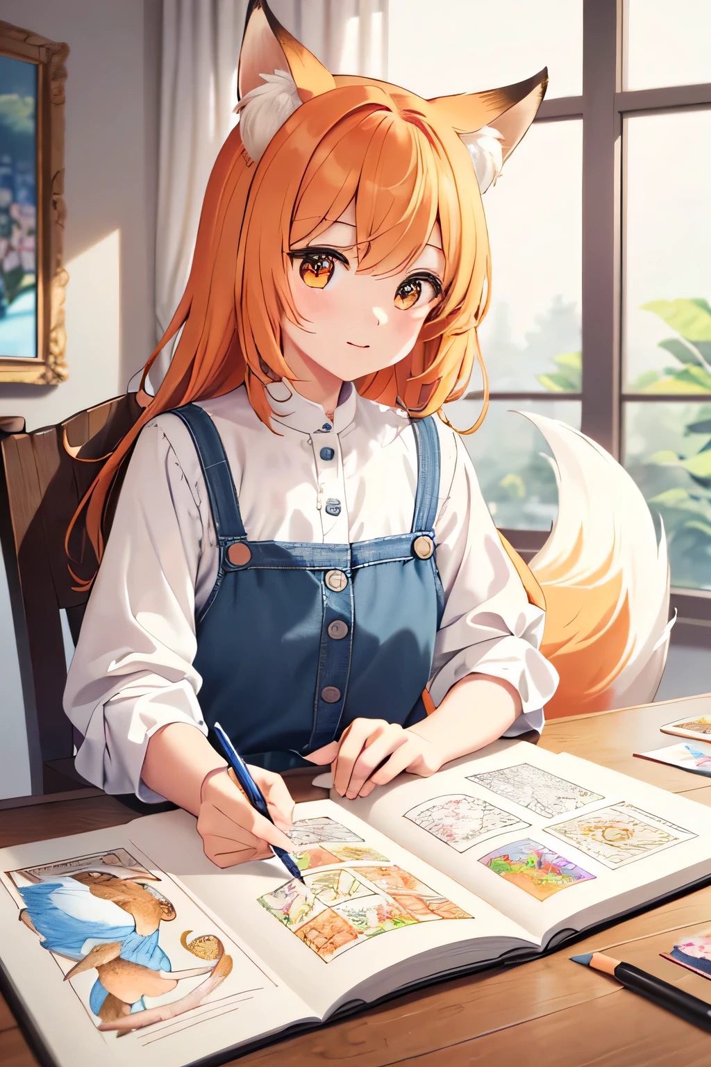 A charming and adorable anthro fox, ((best quality)), ((masterpiece)), ((very detailed)), ((beautiful art style)), sits quietly in front of an open Coloring Book from ColoringBookAF, holding a color pencil in its paw. The fox's fur is a vibrant orange-brown, with fine white markings around its eyes and muzzle. Its body is portrayed in a playful and inviting manner, inviting the viewer to join in the coloring experience. The scene is painted in a whimsical and dreamlike style, with soft pastel colors creating a calming and peaceful atmosphere. The background showcases a simple and clean design, allowing the focus