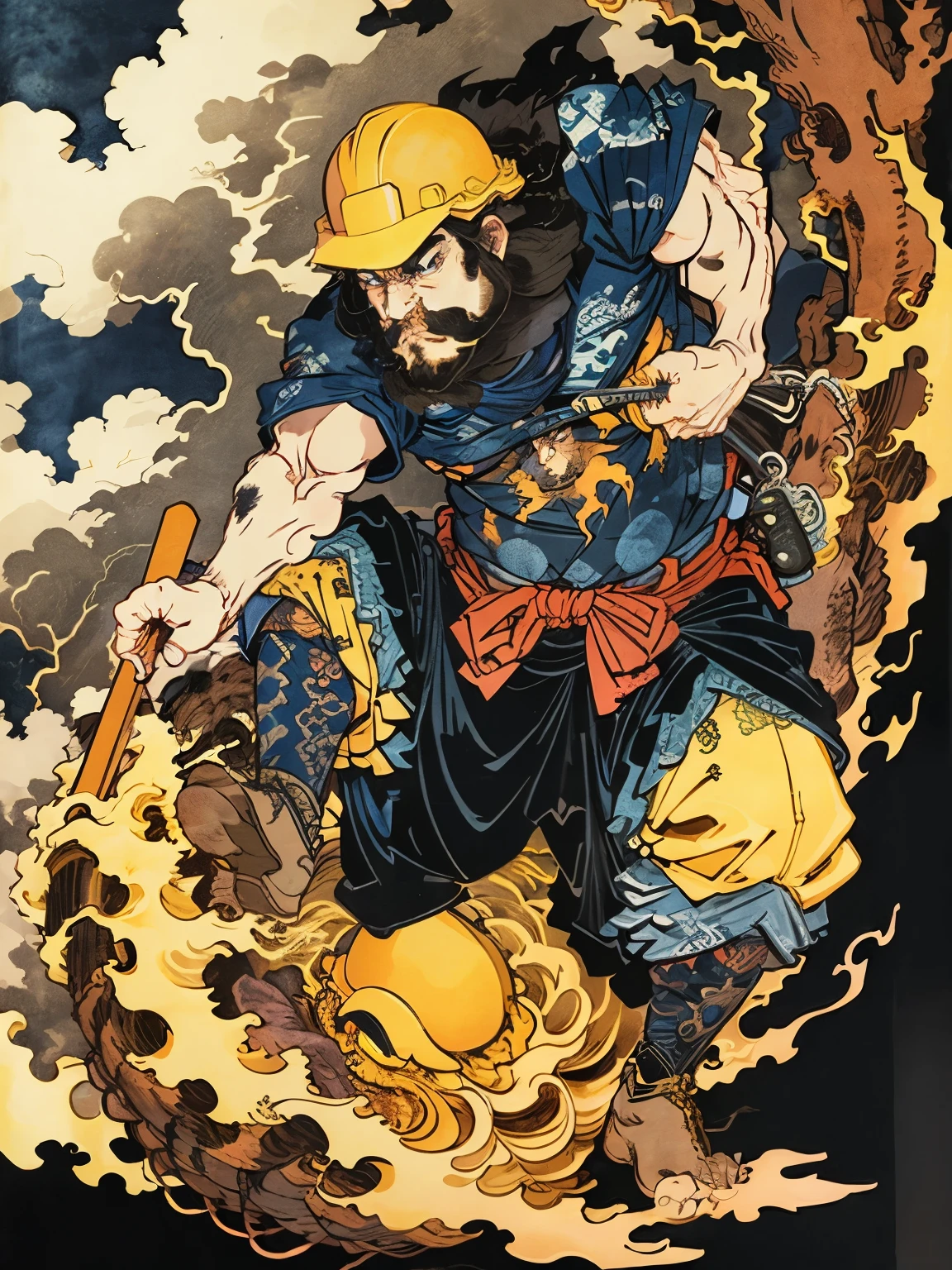 A man wearing dark blue work clothes is shirtless and wearing a construction helmet.，has a long beard，Floating world style，KHD，simple background，（angry look），master piece，KHD、wrapped in electricity、lightning background