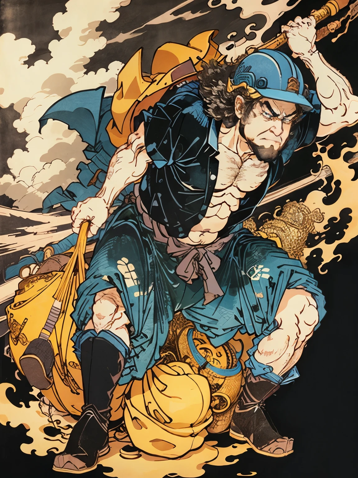 A man wearing dark blue work clothes is shirtless and wearing a construction helmet.，has a long beard，Floating world style，KHD，simple background，（angry look），master piece，KHD、carrying a bag of wind、Tornado background