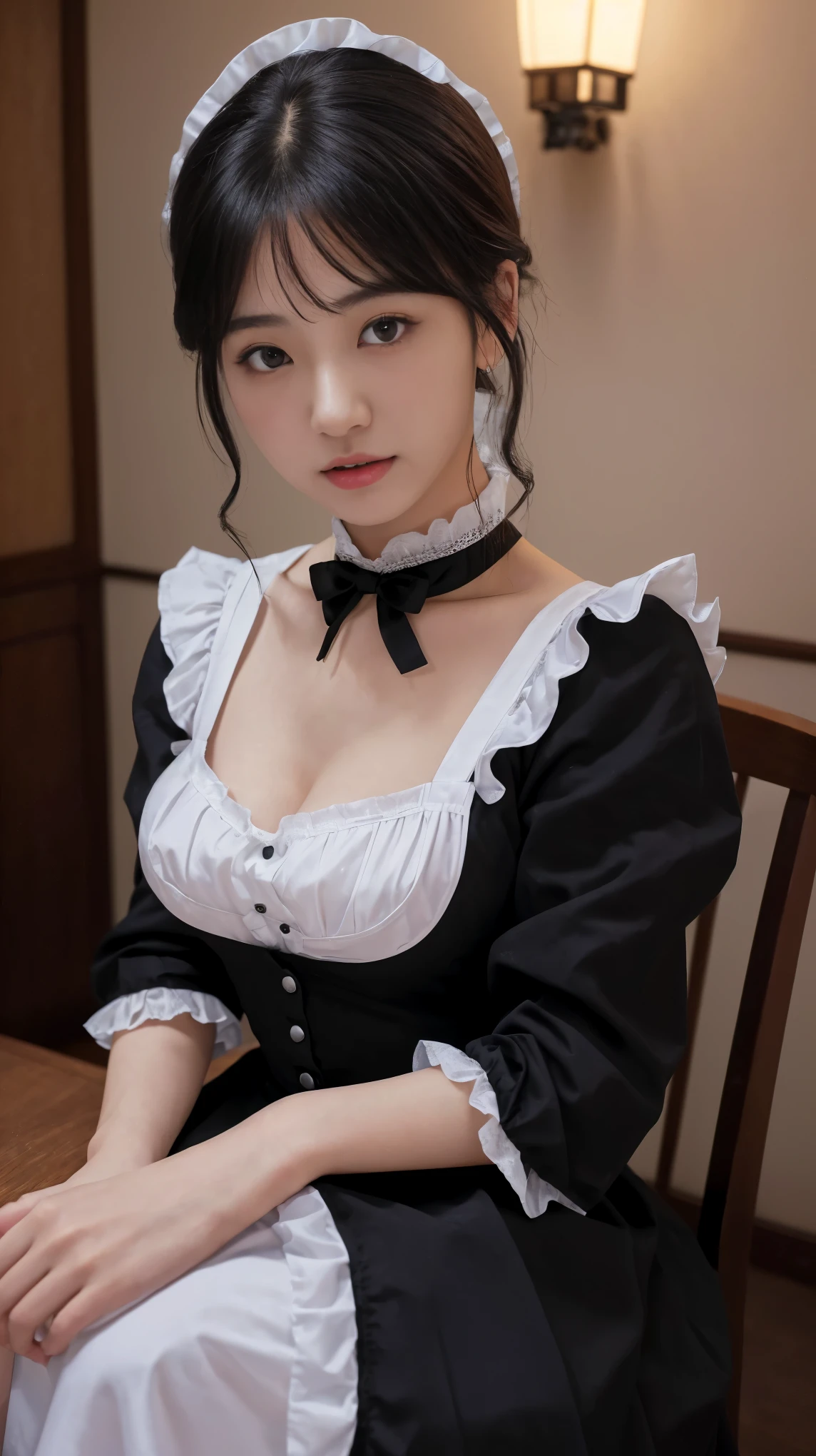 最high quality、high quality、best image quality、8K、最High resolution、High resolution、最high quality、masterpiece、Raw photo、whole body写真、Realistic human body in every detail、Realistic skin in every detail、Realistic face in every detail、Realistic eyes down to the details、Realistic lips in every detail、Realistic teeth in every detail、Realistic ears down to the last detail、Realistic hair down to the last detail、Realistic arms down to the last detail、Realistic reproduction of every detail、Realistic fingers in every detail、(fine hands、thumb１reference４)、Realistic feet in every detail、Realistic feet in every detail、Realistic breasts down to the last detail、((beautiful japanese girl))、(japanese model), (japanese woman)、((18 year old beautiful girl))、(black hair)、(random hairstyle)、((whole body))、((beautiful upturned chest))、(slim and perfect body)、(whole body光沢肌、Fair skin)、Detailed and realistic human body、detailed realistic skin、detailed realistic face、detailed realistic arms、detailed realistic fingers、Detailed realistic feet、detailed realistic breasts、A restaurant with a classical atmosphere、Upscale restaurant、((Serving customers in the store))、((British Maid Outfits、French Maid Clothing、gothic maid outfit、german maid outfit、backless maid uniform、edwardian maid uniform、Garcon Look Maid Clothes Mini Skirt Maid Clothes、Victorian maid clothes、classic maid outfit、steampunk maid outfit))、random close-up