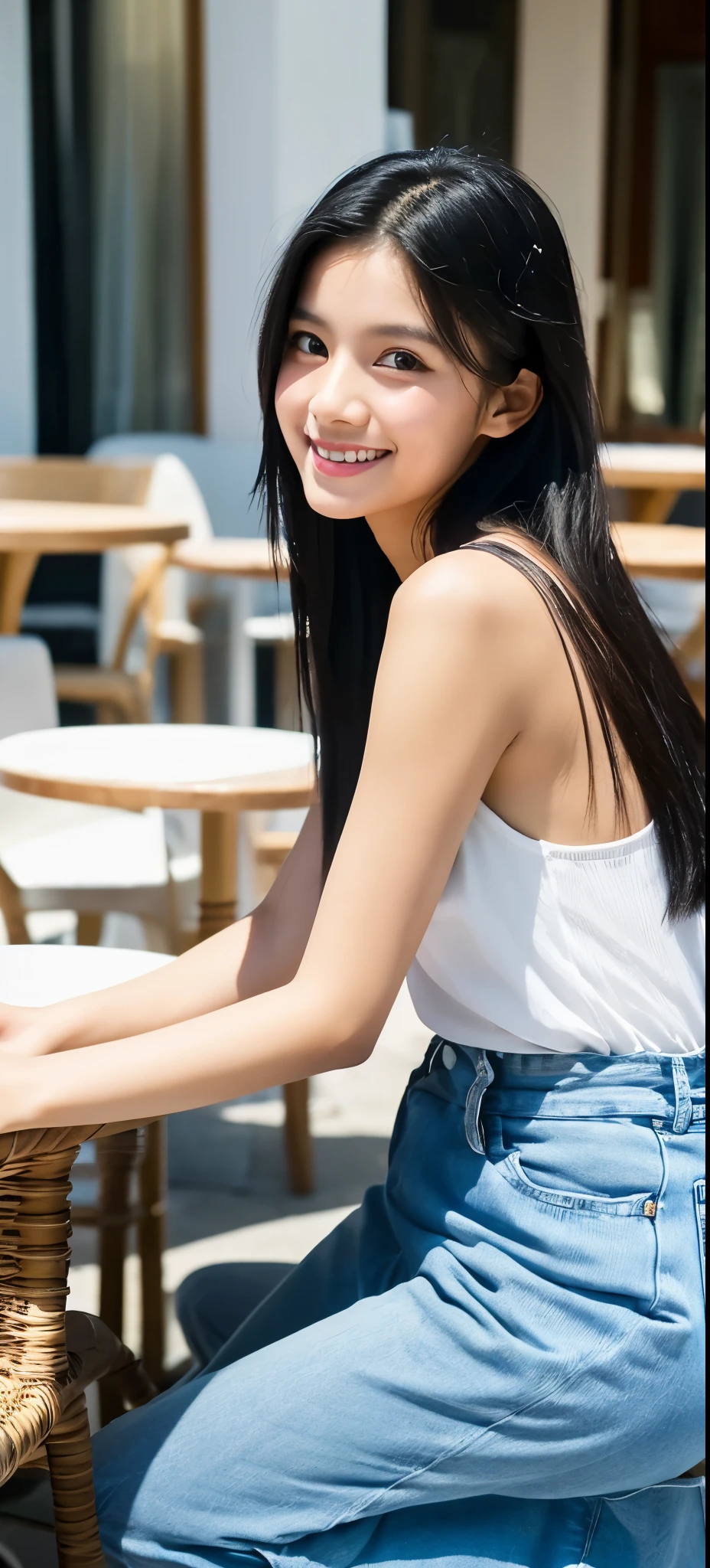 1 girl, indonesian girl, 23 years old, (black hair super-long 1 meters), (very beautiful face, very sweet, sharp eyes like an angel from heaven ), (beautiful hair), actress, smile, shiny skin, best quality, masterpiece, (photorealistic:1.4), terrace seating, asian, indonesian, jakarta, denim long skirt (realistic fabric), white short sleeves (cotton fabric), (no logo), thin fingers
