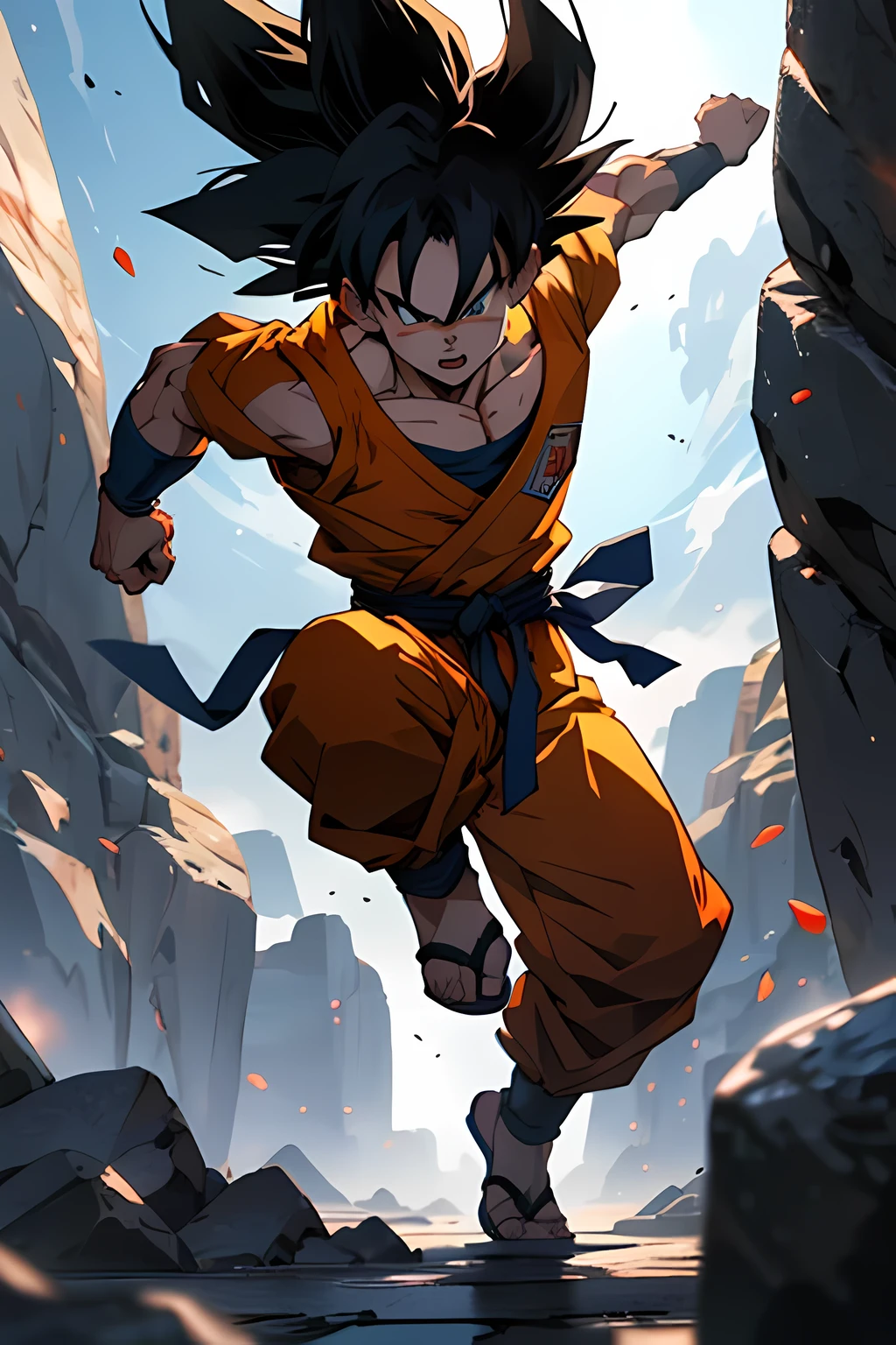 Son goku in ultra Instinct, dynamic lighteffect, highly detailed, 8k resolution, anime artwork, lighting in background, small pieces of rocks flying in background due to his power , we can feel his power here, high quality, anime, anime artwork , highly detailed