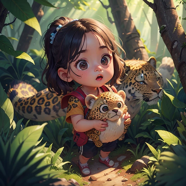 5-year-old baby girl holding big leopard ，in the forest，depth of field，emphasize，real light，Ray tracing，Overclocked renderer，UE5 renderer，surreal，best quality，8K，masterpiece，Super fine，masterpiece，