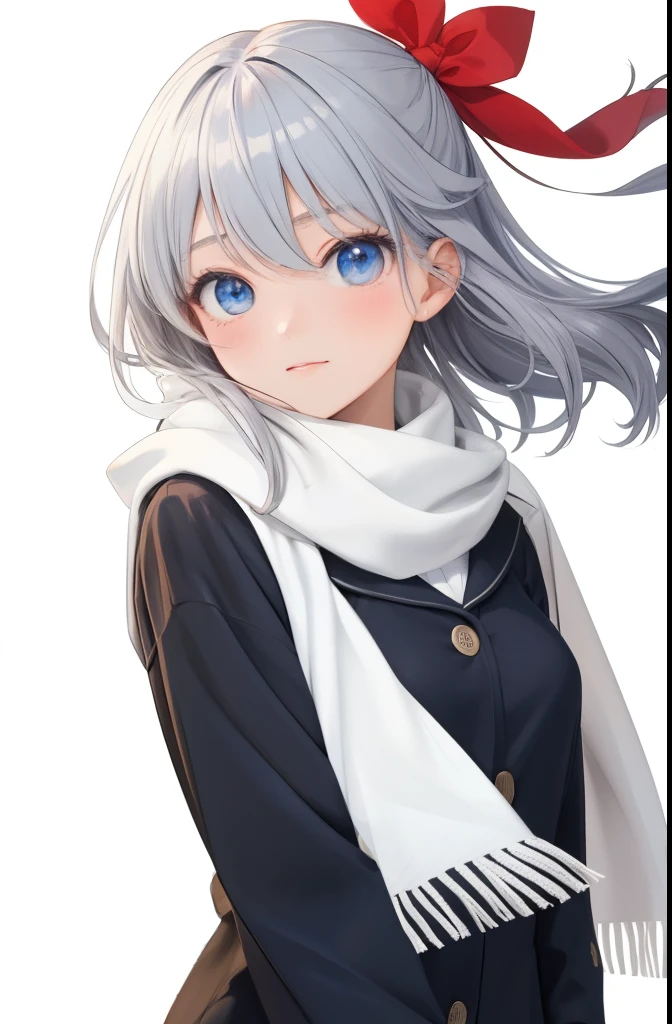 masterpiece, highest quality, High resolution, (white background:1.8), fine eyes,blight eyes, ph Elaina, (White long sleeves:1.4) Eoutfit4, (wearing a scarf:1.2), Upper body, Elaina (majo no tabitabi), alone, long hair, bow, blush, bangs, hair between eyes, blue eyes, hair bow, shiny hair, side lock, hair tube, gray hair, single blade, shiny, hair ribbon, anime color, tokiwadai , strong Wind, Wind, outdoor, snow,  