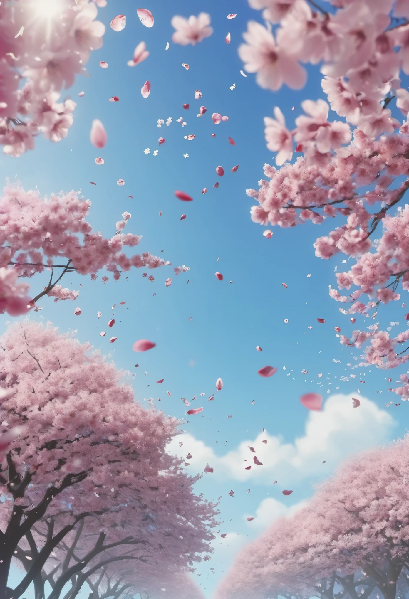 Illustration of blue sky and falling cherry blossom petals 4k resulution