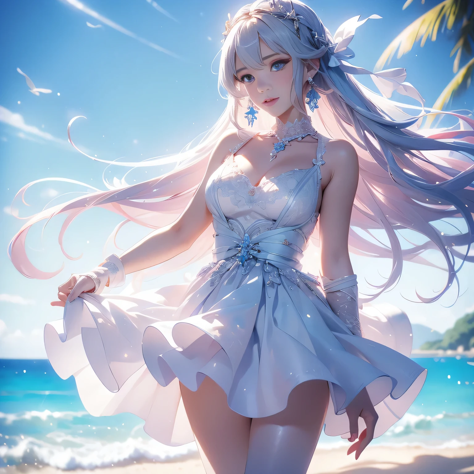 1girll,whiteskirt,Crystal coffin,blossoms,grin,streaming tears,Exquisitely,quadratic element