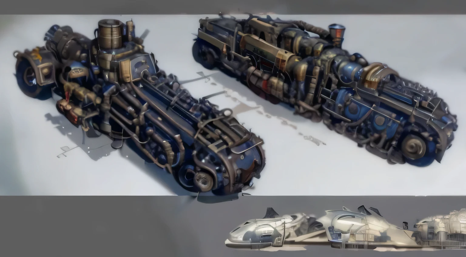 There are two trains sitting side by side on the ground, 蒸汽朋克concept art, dieselpunk setting, 高细节concept art, dieselpunk art style, mechanized artistic concept, concept art, expert 高细节concept art, 详细的concept art, 动漫艺术车辆concept art, dieselpunk, in style of dieselpunk, very 详细的concept art, hyper详细的concept art