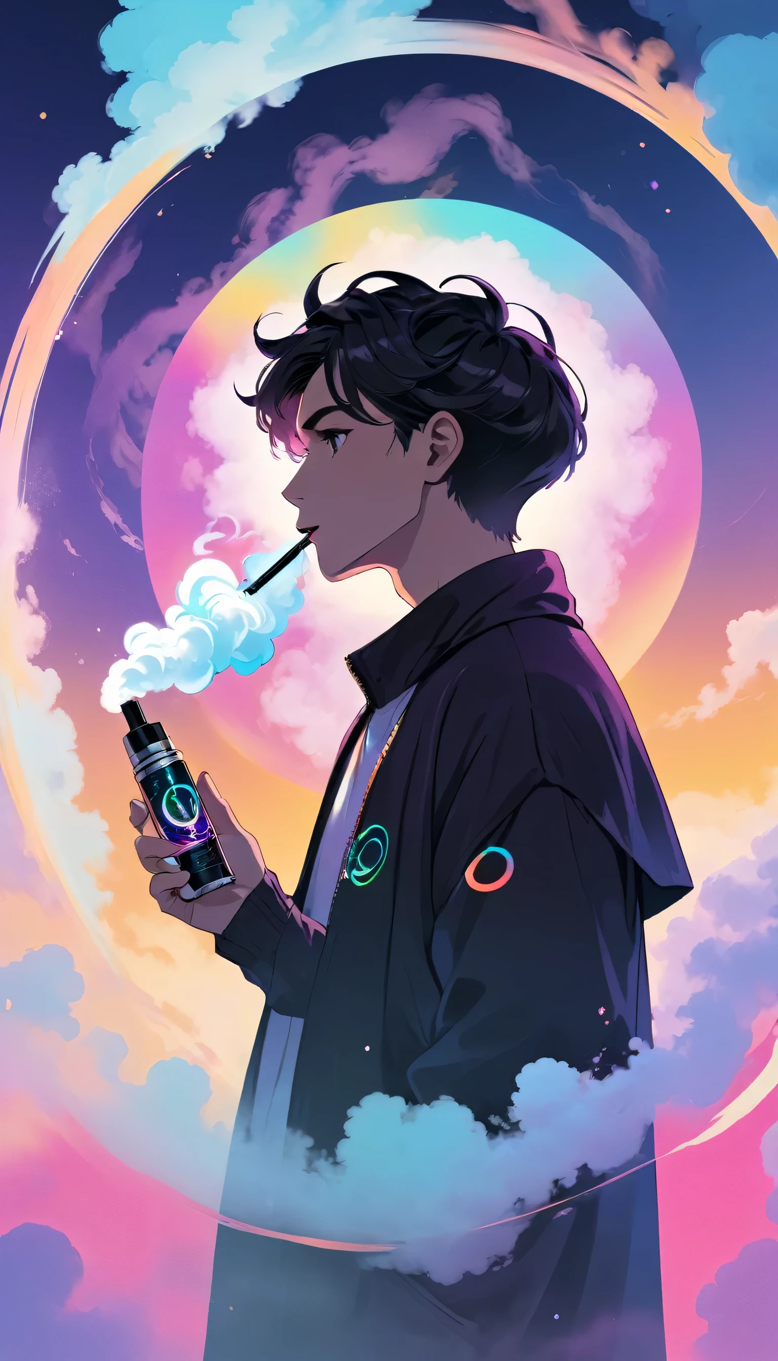 arafash with a man holding a vape in front of a circle of vapors, thertrevkaiser, profile picture, vapor, # oc, #oc, holding a small vape, vaporware aesthetic, oh yeah, vapourwave, promo art, profile picture 1024px, thanshuhai, profile image, colorful vapor