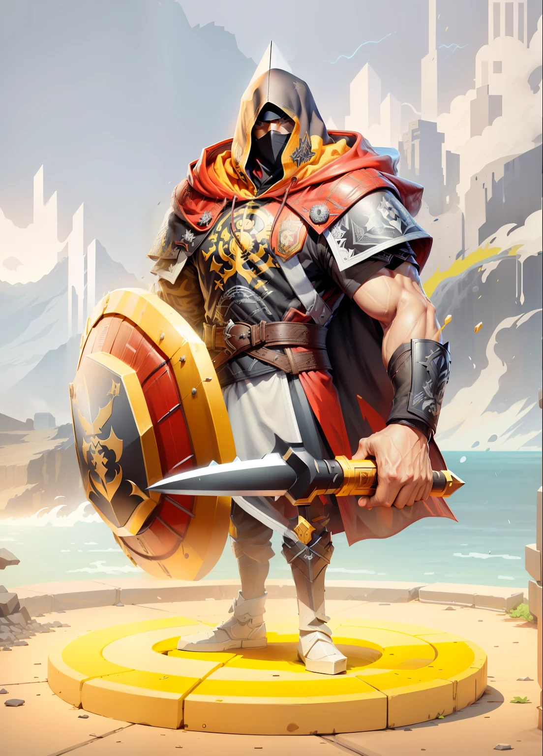 shield logo, black and white relief, vector, the face is completely covered by the hood, black raincoat, A big sword in his hand, more details