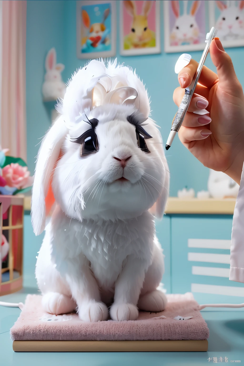 araffe is getting a vacciator from a small white rabbit, surreal 3D 插图, Lovely and detailed digital art, cute numbers, Lovely 3D rendering, cute anthropomorphic rabbit, by Lee Jeon Suk, cute numbers艺术, a rabbit full of hope, Lovely detailed artwork, Cartoon, surreal, rabbit_rabbit