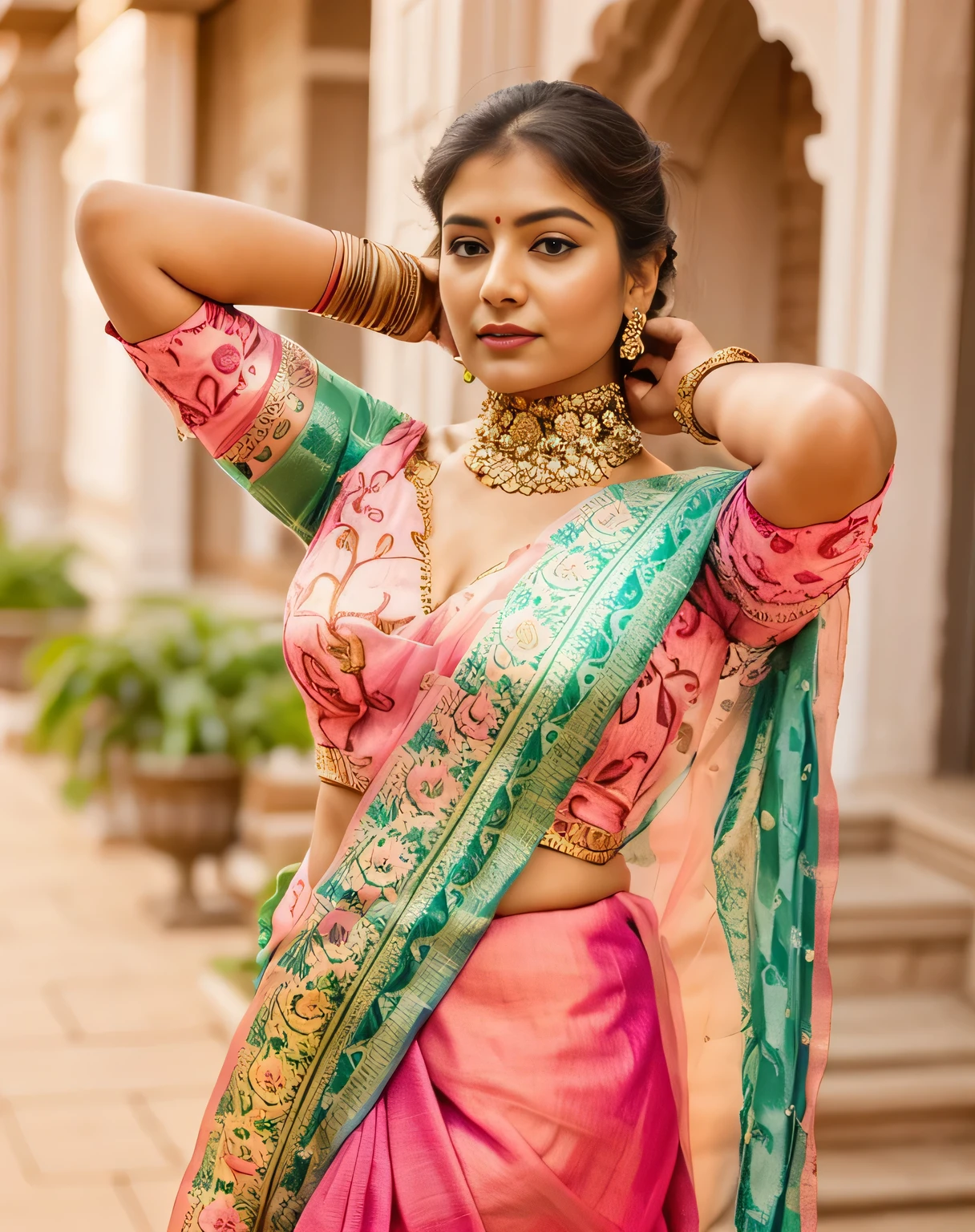 a close up of a woman in a pink and blue sari, traditional beauty, draped in fleshy green and pink, with beautiful colors, very beautiful enga style, posing elegantly over the camera, doing an elegant pose, dressed in a sari, indian style, indian, dressed in colorful silk, sari, woman posing, coy expression wearing intricate, gorgeous woman, wearing intricate
