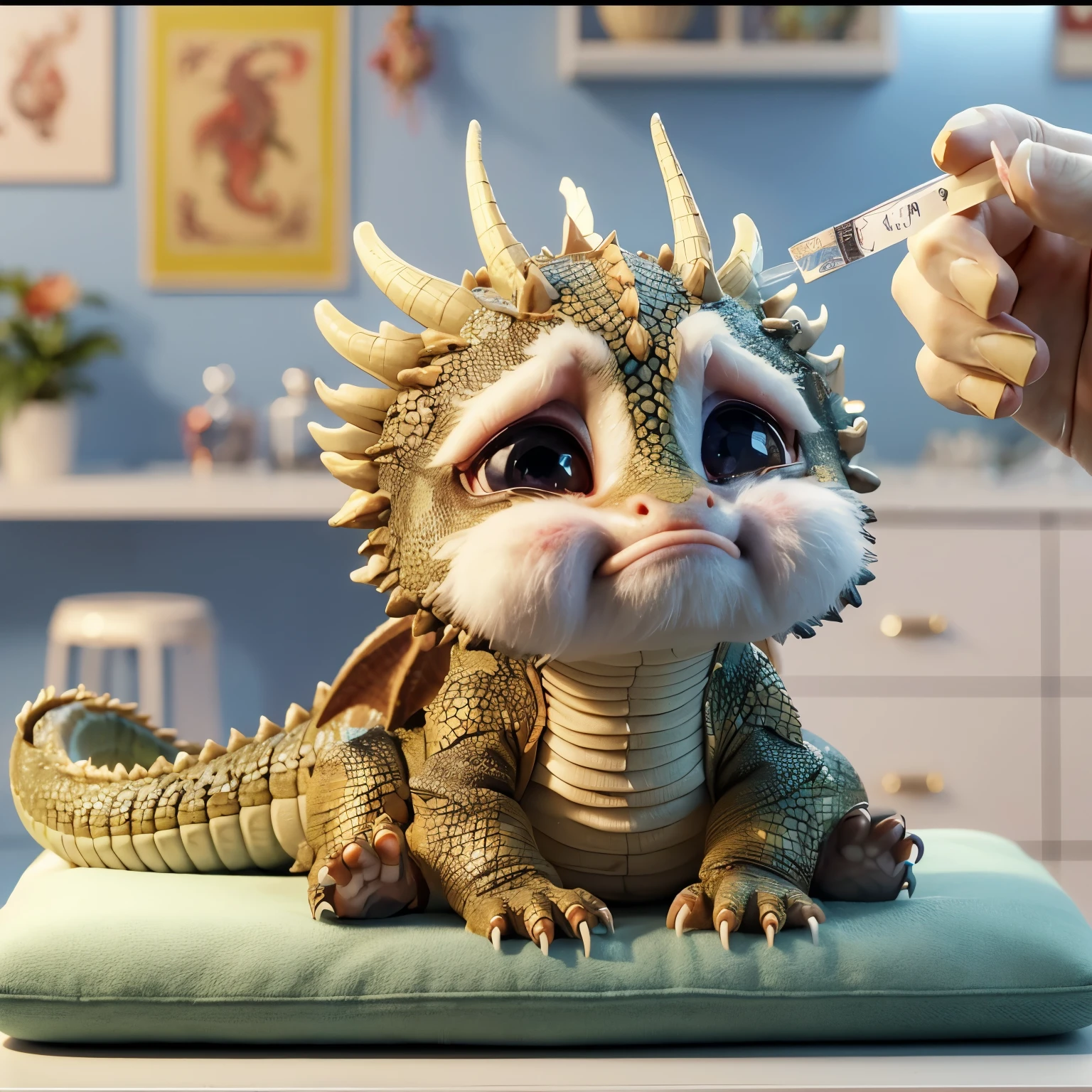 Someone stuck a needle in the dragon&#39;s nose, Digestive Dragon, Cute little dragon, 3D animated movies, Surreal 3D illustration, Lovely 3D rendering, dragon with scar, Lovely and detailed digital art, cute numbers, cgsociety UHD 4k very detailed, cute coronavirus creature!, newly hatched dragon
