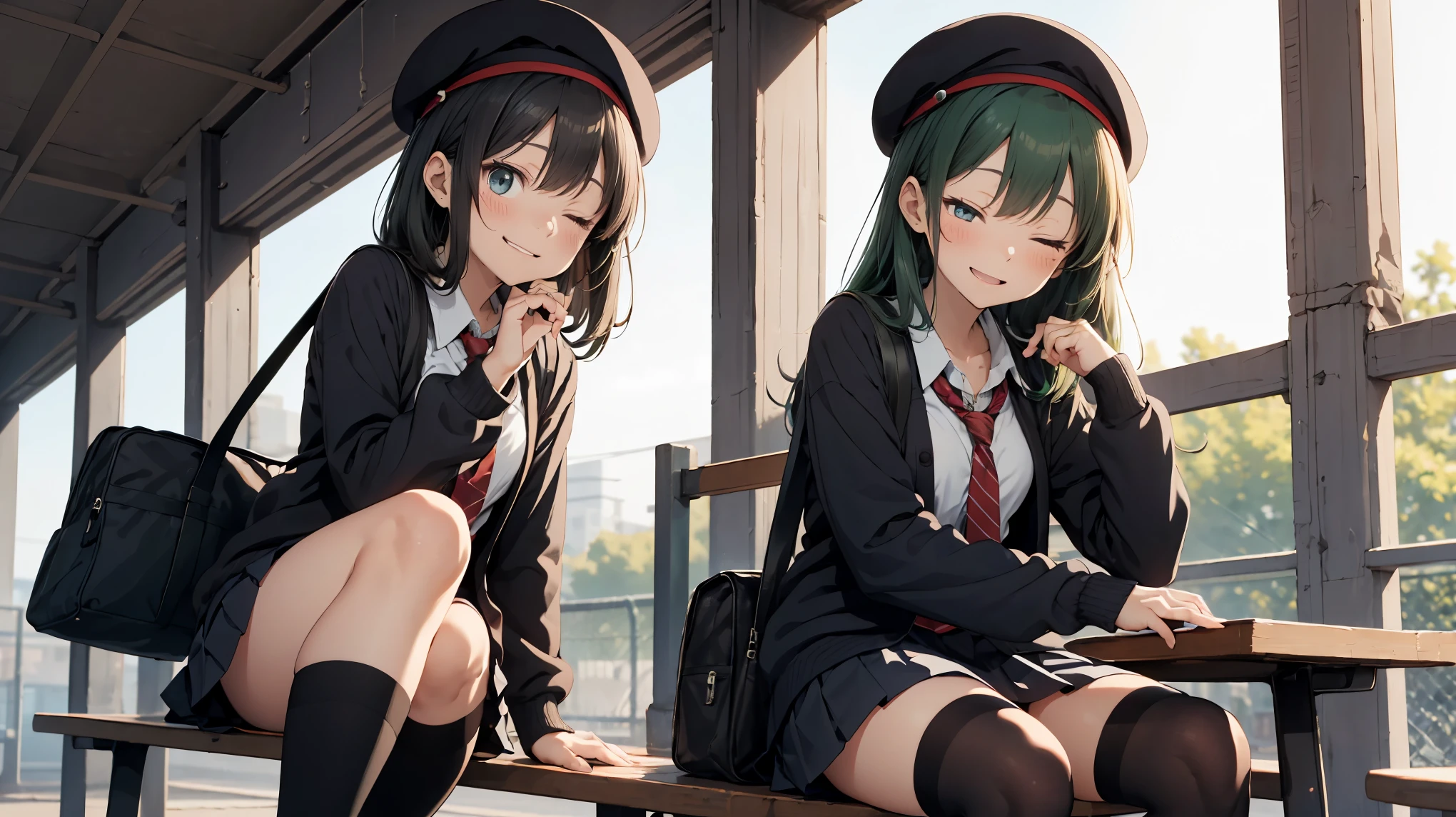 (masterpiece, highest quality), High resolution, detailed face:1.2, anime(1.2), sharpness, 4k, woman posing for a photo, happy smile, one eye closed, open your mouth, long hair, green hair, straight hair, fine skin, beautiful hands, beautiful fingers, Wearing a beret, tie, long sleeve blouse, cardigan, pleated skirt, school bag, thighs, Absolute area, knee socks, thighsに手を入れる, during the day, hot summer day, School, schoolyard, sitting on the bench, Natural light, sharp focus, Hasselblad Photos, cinematic lighting, whole body, 