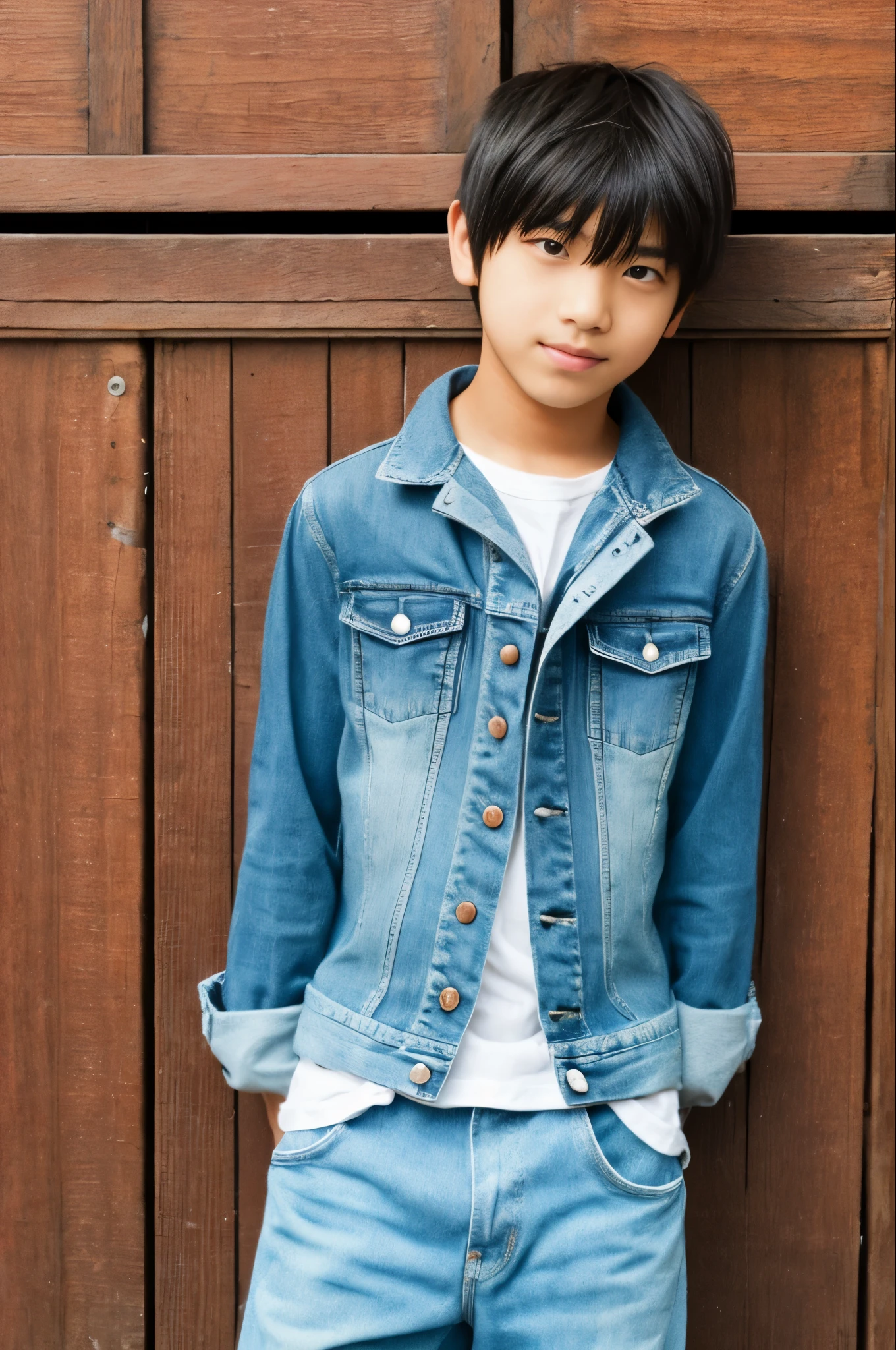 A tanned -yeld sh-haired Japanese boy posing in shorts.