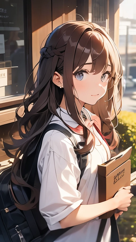 22 year old woman、one&#39;s home、hair is brown、long hair、fluffy feeling、chest is big、entrance、very cute、Uber Eats clerk