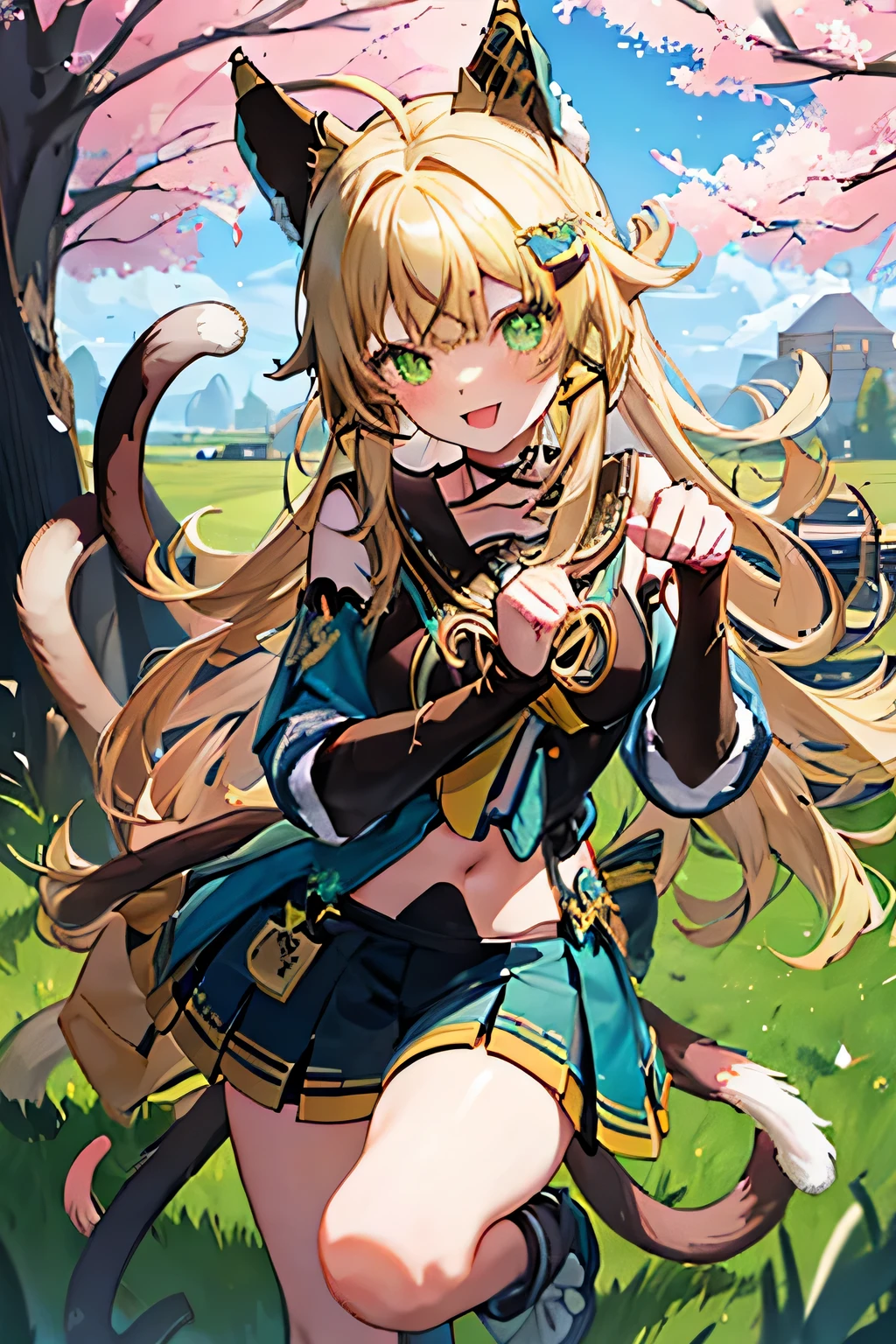 length_hair, hair_ornament, green_eye, 前hair, smile, animal_ear, Open_mouth, hairclip, blonde_hair, Ahoge, virtual_youtuber, tail, blush, Cat_tail, bow, Cat_ear, hair_bow