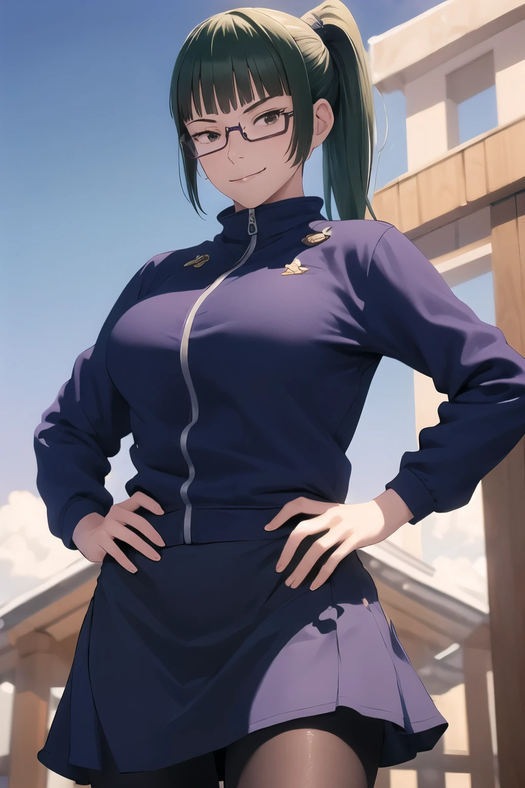 (masterpiece, best quality:1.2), cowboy shot, solo, 1girl, zenin maki, smile, looking at viewer, hand on hip, ponytail, glasses, , jacket, long sleeves, skirt, pantyhose