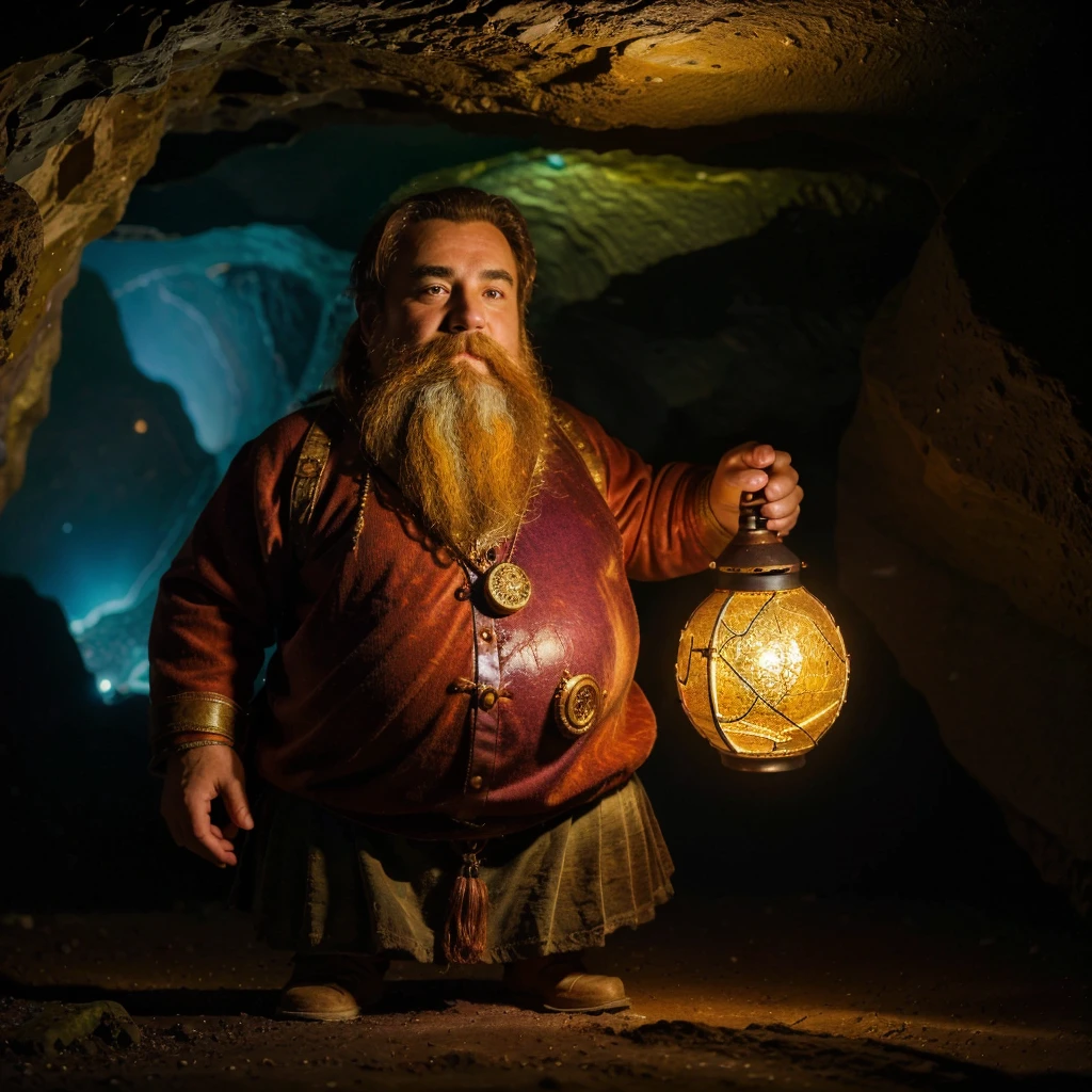 (best quality,4k,highres,masterpiece:1.2), in a dark cave, a dwarf with a lamp, vibrant colors, detailed lamp, illuminating light
