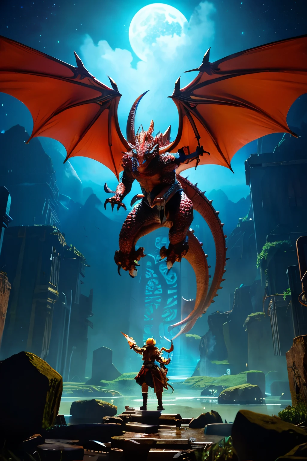 (extremamente detalhado CG unidade 8k papel de parede,master part, melhor qualidade, ultra-detalhado),alta fantasia, breathtaking dragons, Epic battles, (cavaleiro heroico:1.2),(feiticeiro misterioso:1.2), Floresta Encantada, ancient ruins, (magical effects of enchantment:1.3), dramatic lighting, atmosfera imersiva, intense action scenes.