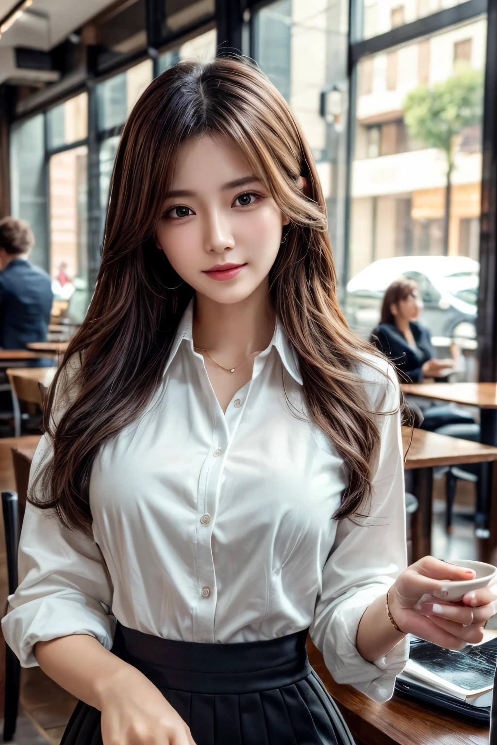 table top, highest quality, realistic, Super detailed, finely, High resolution, 8k wallpaper, 1 beautiful woman, Medium chest、In casual business attire, at the cafe, messy hair, perfect dynamic composition, finelyて美しい目